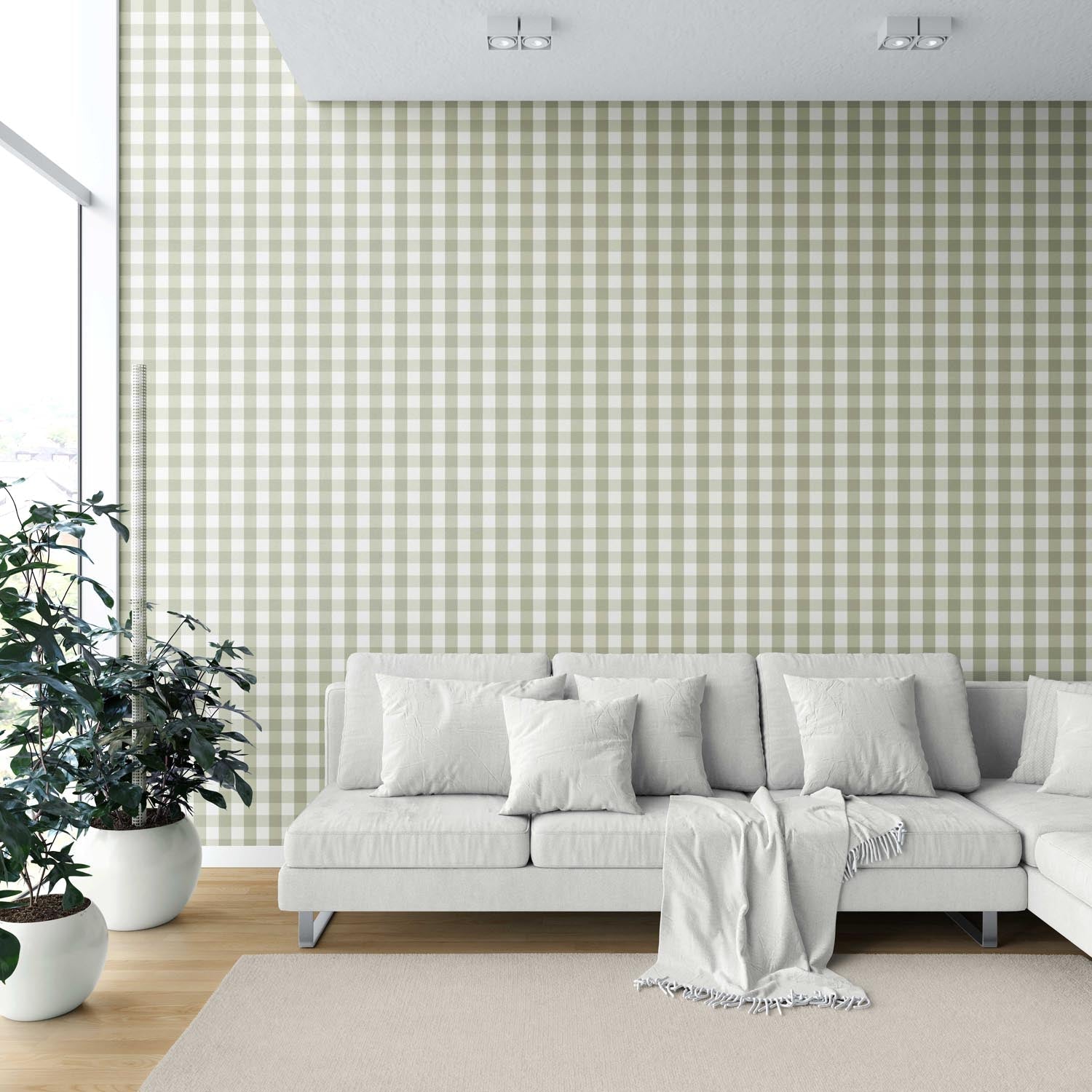 Geometric Gingham Shower Toilet Wallpaper Sample (Olive Green)
