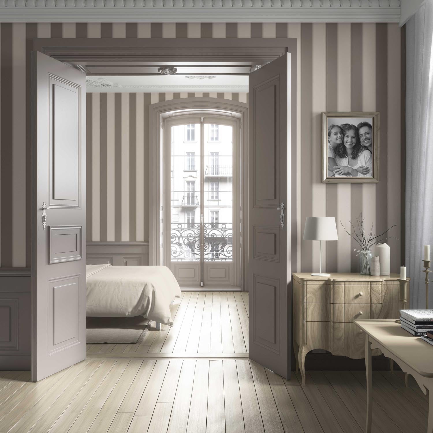 Neutral Geometric Striped Living Room Wallpaper Sample (Cream/ Taupe Gray/ Brown)