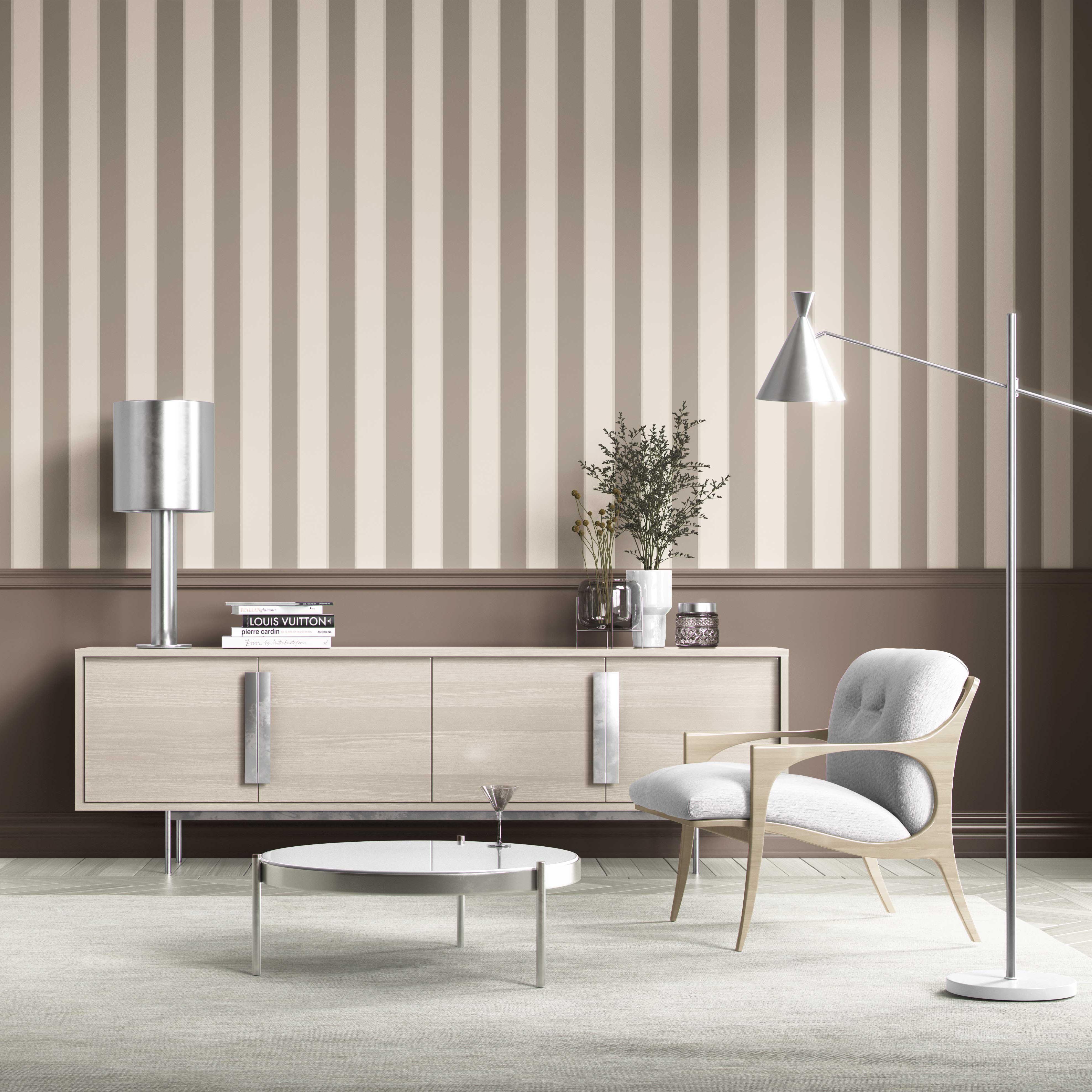 Neutral Geometric Striped Shower Toilet Wallpaper Sample (Cream/ Taupe Gray/ Brown)