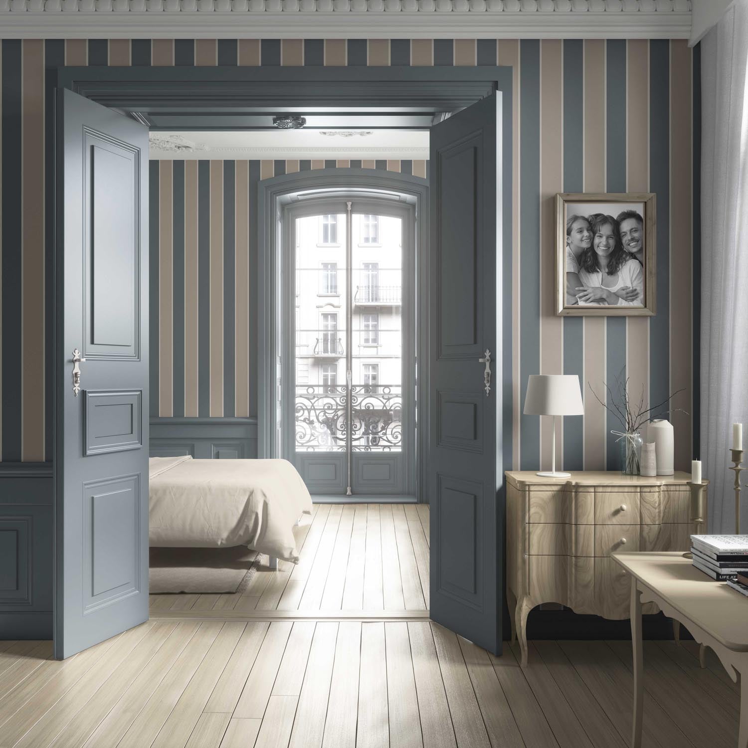 Neutral Geometric Striped Kitchen Wallpaper (Stone Blue/ Beige)