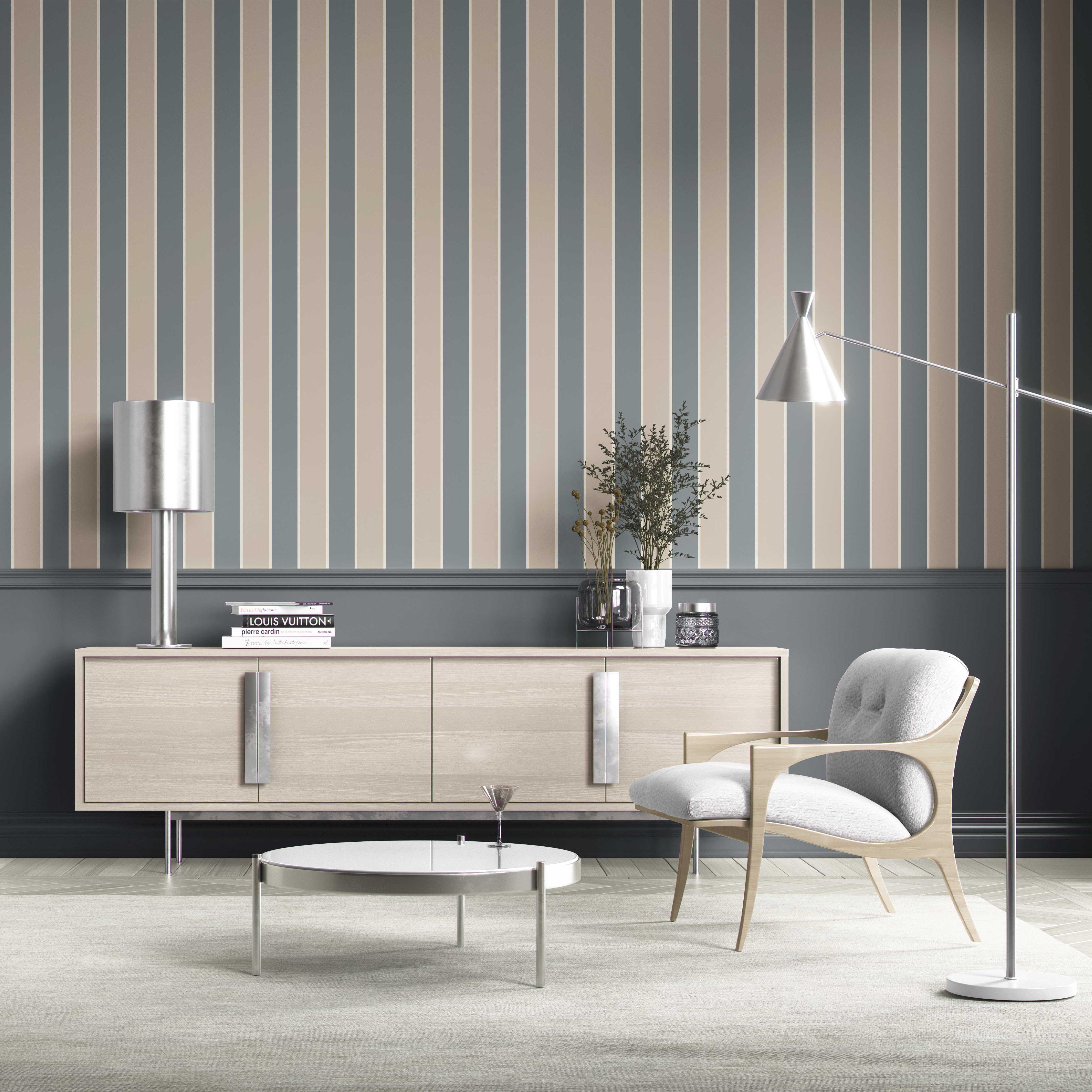 Neutral Geometric Striped Bathroom Wallpaper Sample (Stone Blue/ Beige)