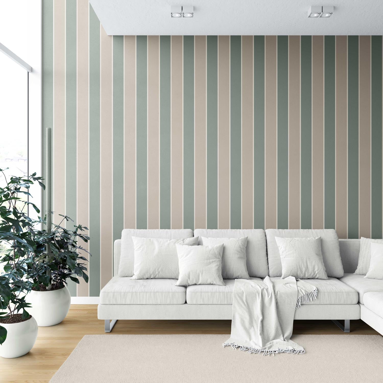 Geometric Striped Shower Toilet Wallpaper Sample (Green / Beige)