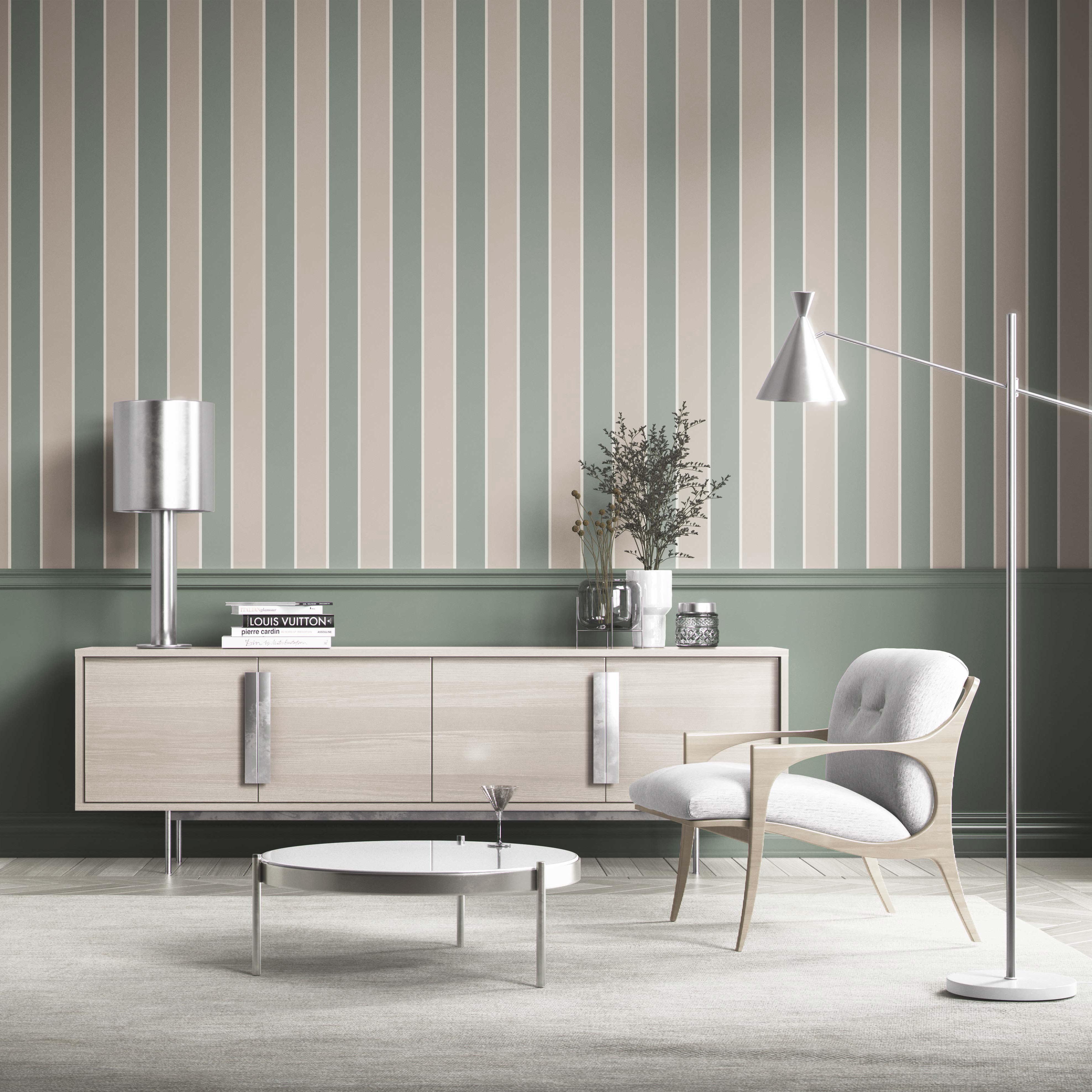 Geometric Striped Bathroom Wallpaper (Green / Beige)