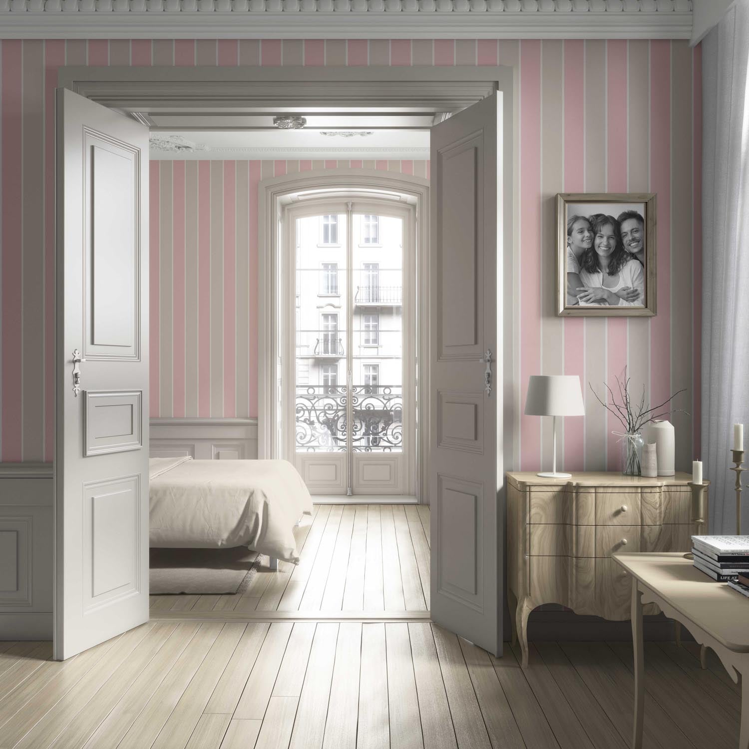 Geometric Striped Bathroom Wallpaper (Soft Pink/ Taupe)
