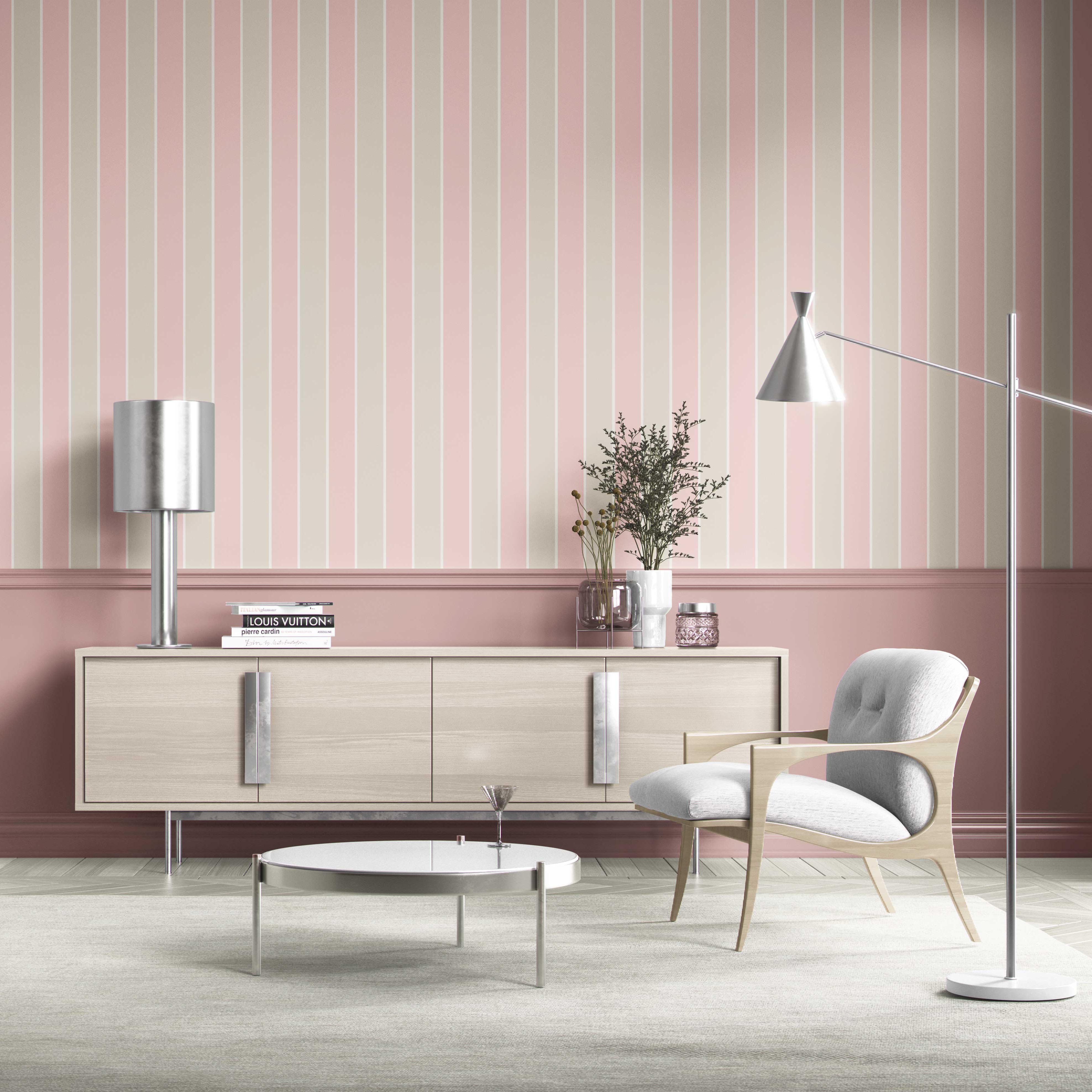 Geometric Striped Kitchen Wallpaper (Soft Pink/ Taupe)