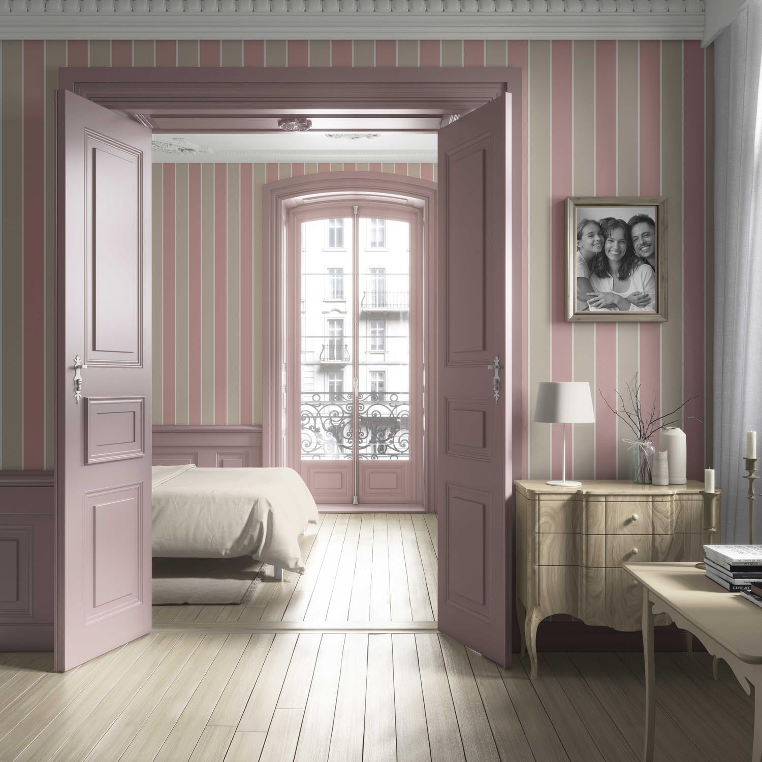 Geometric Striped Bathroom Wallpaper Sample (Dusty Pink/ Taupe)