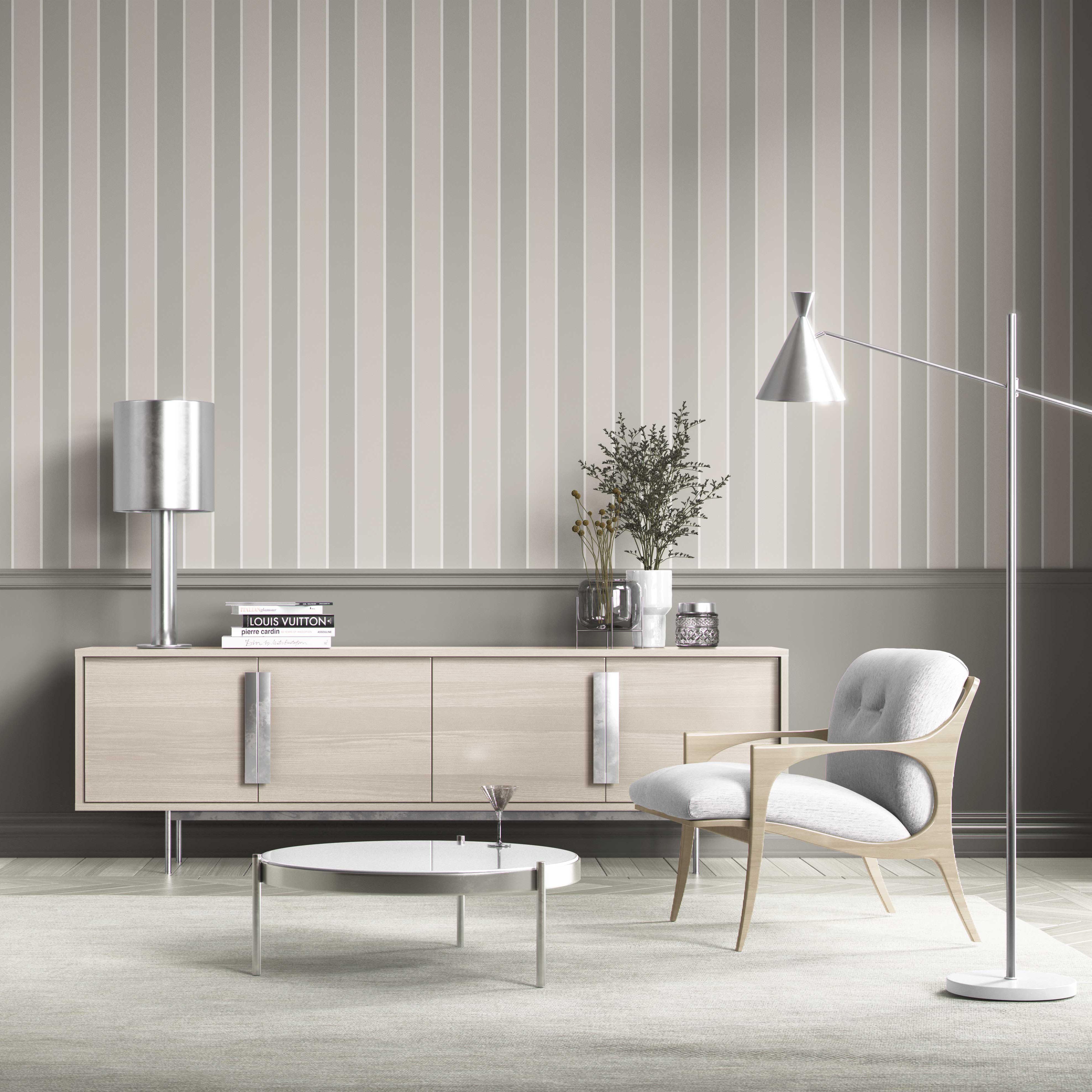 Neutral Geometric Striped Kitchen Wallpaper (Gray/ Beige/ Taupe)