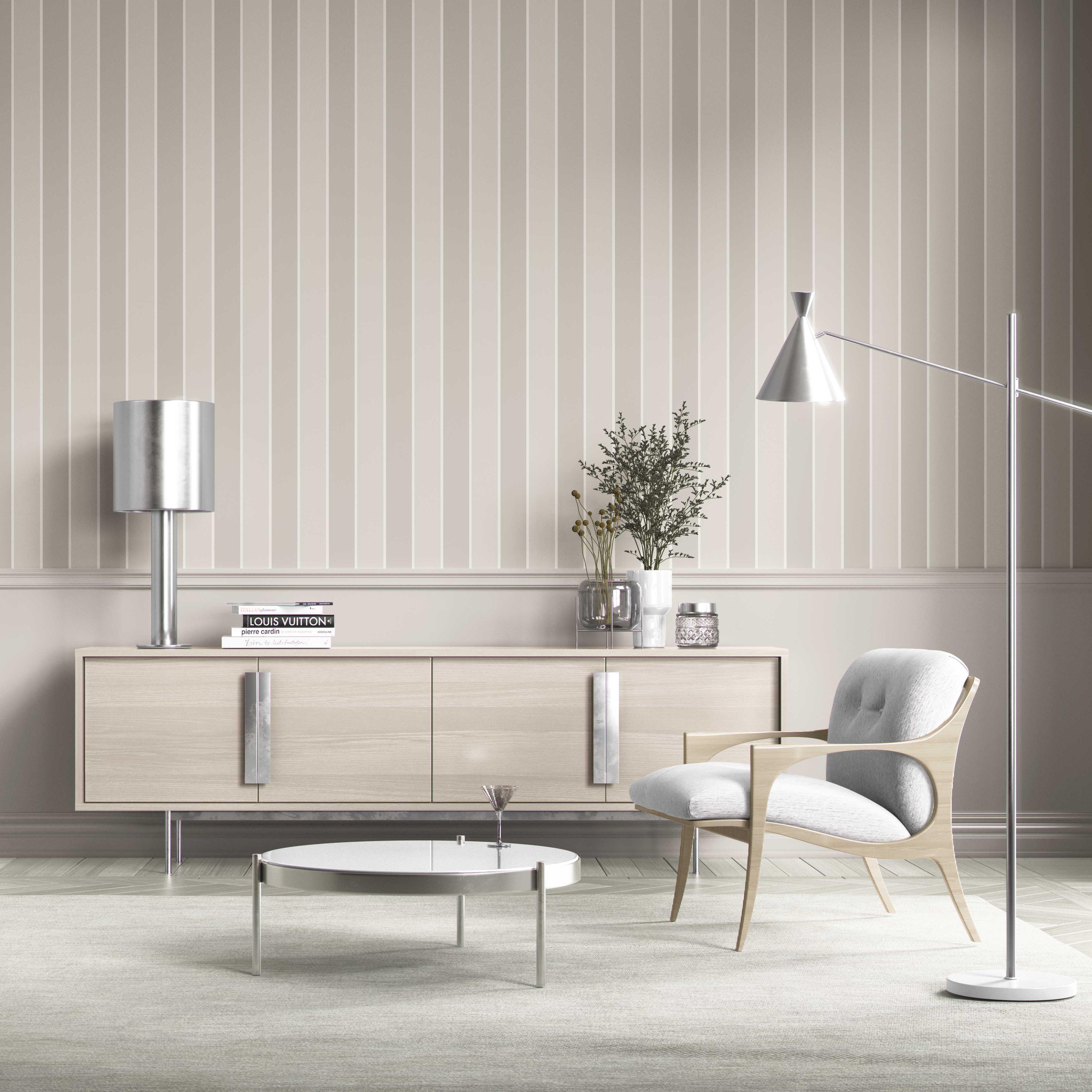 Neutral Geometric Striped Kitchen Wallpaper (Beige/ Greige/ Taupe)