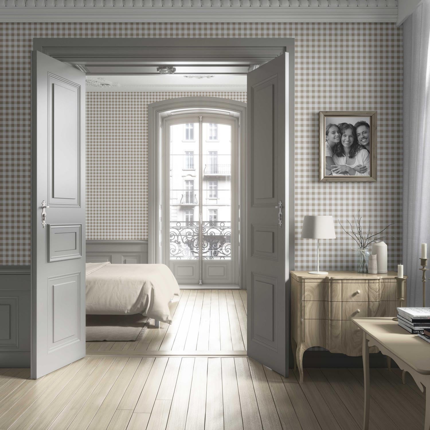 Neutral Gingham Checkered Living Room Wallpaper Sample (Beige)