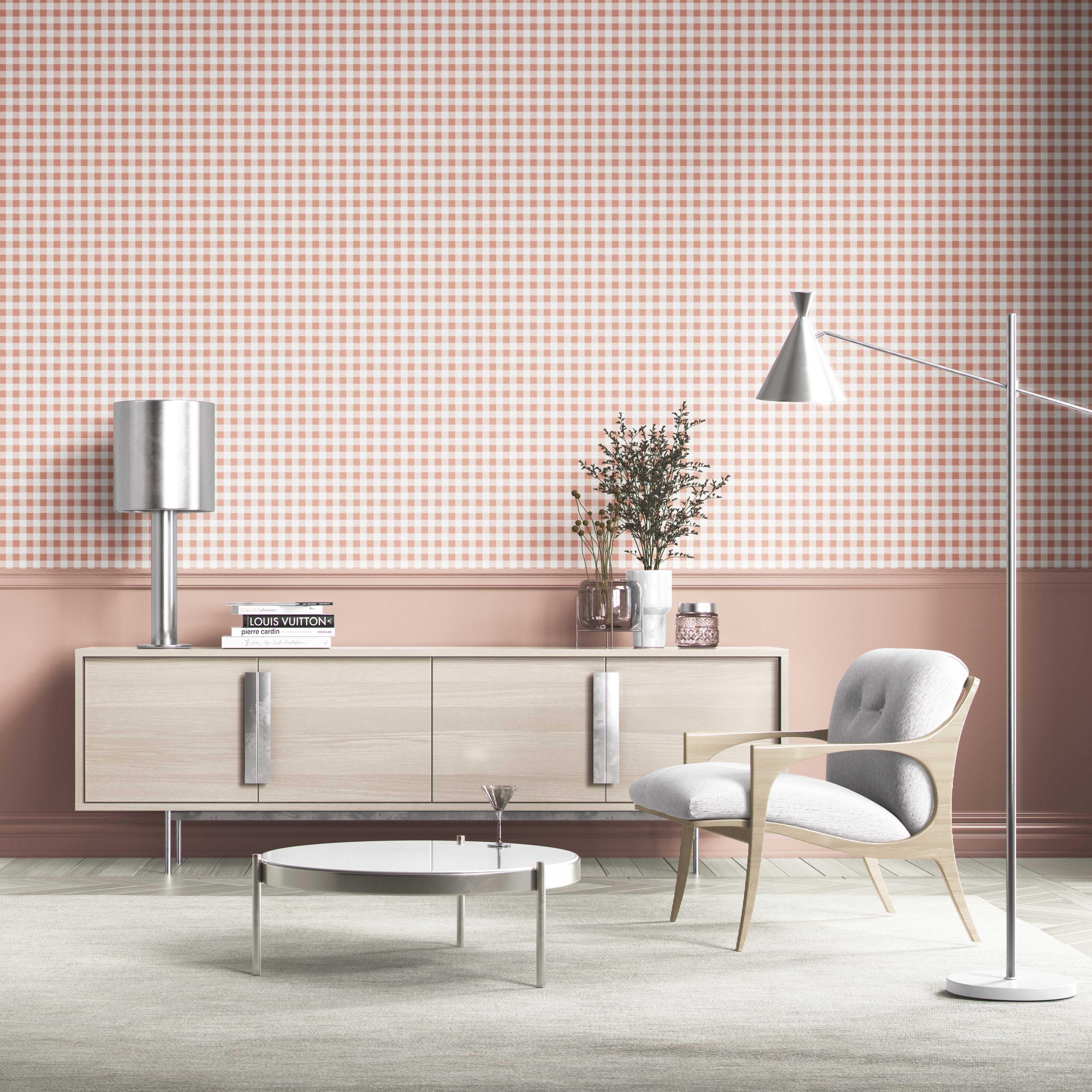 Gingham Checkered Shower Toilet Wallpaper (Blush Pink)