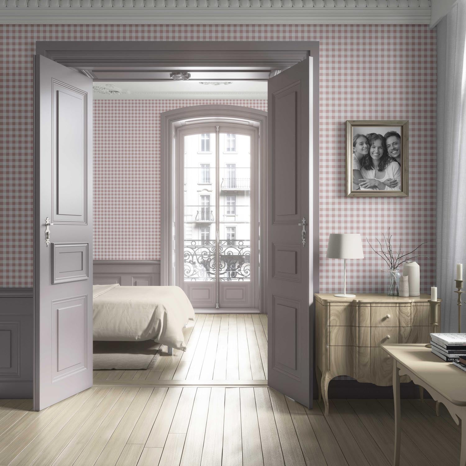 Gingham Checkered Living Room Wallpaper Sample (Pink)