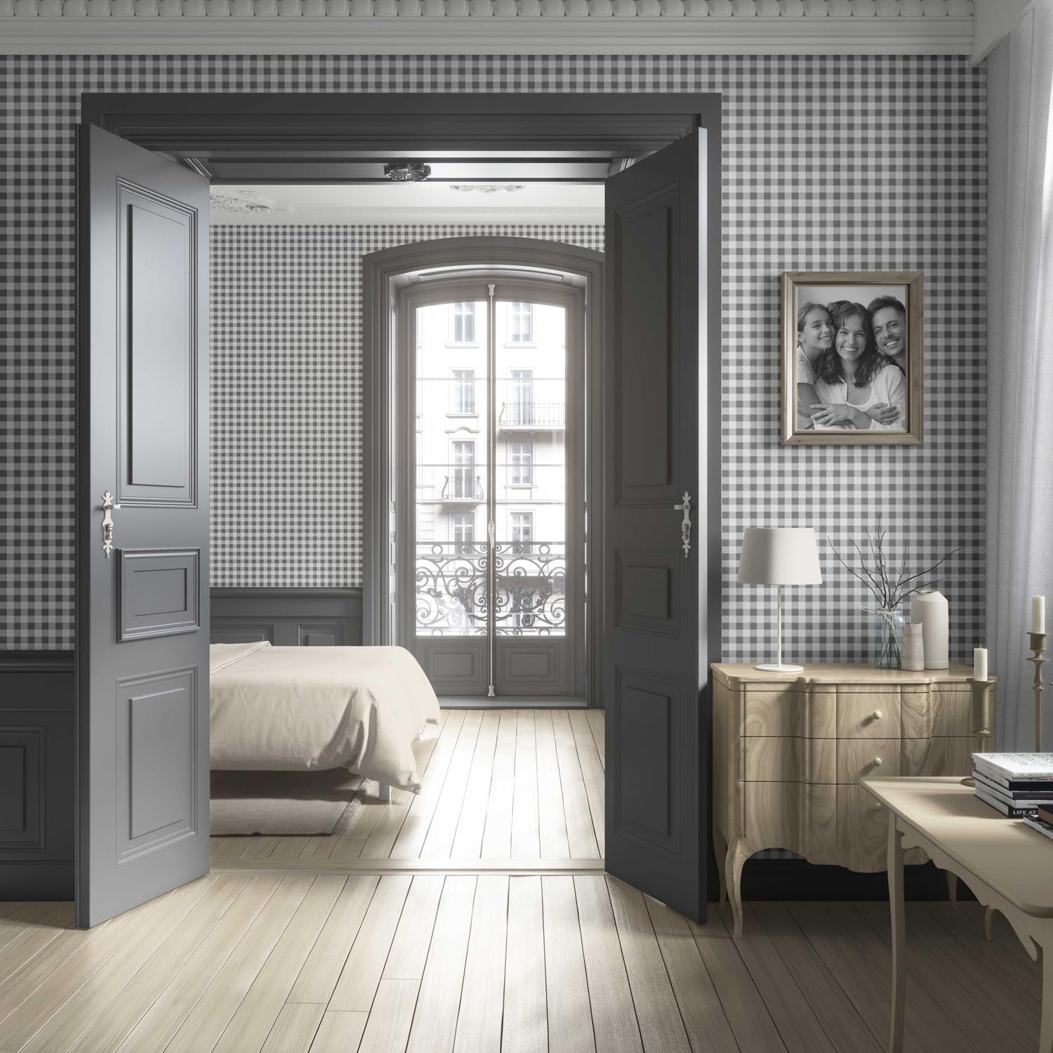 Neutral Gingham Checkered Living Room Wallpaper Sample (Gray)