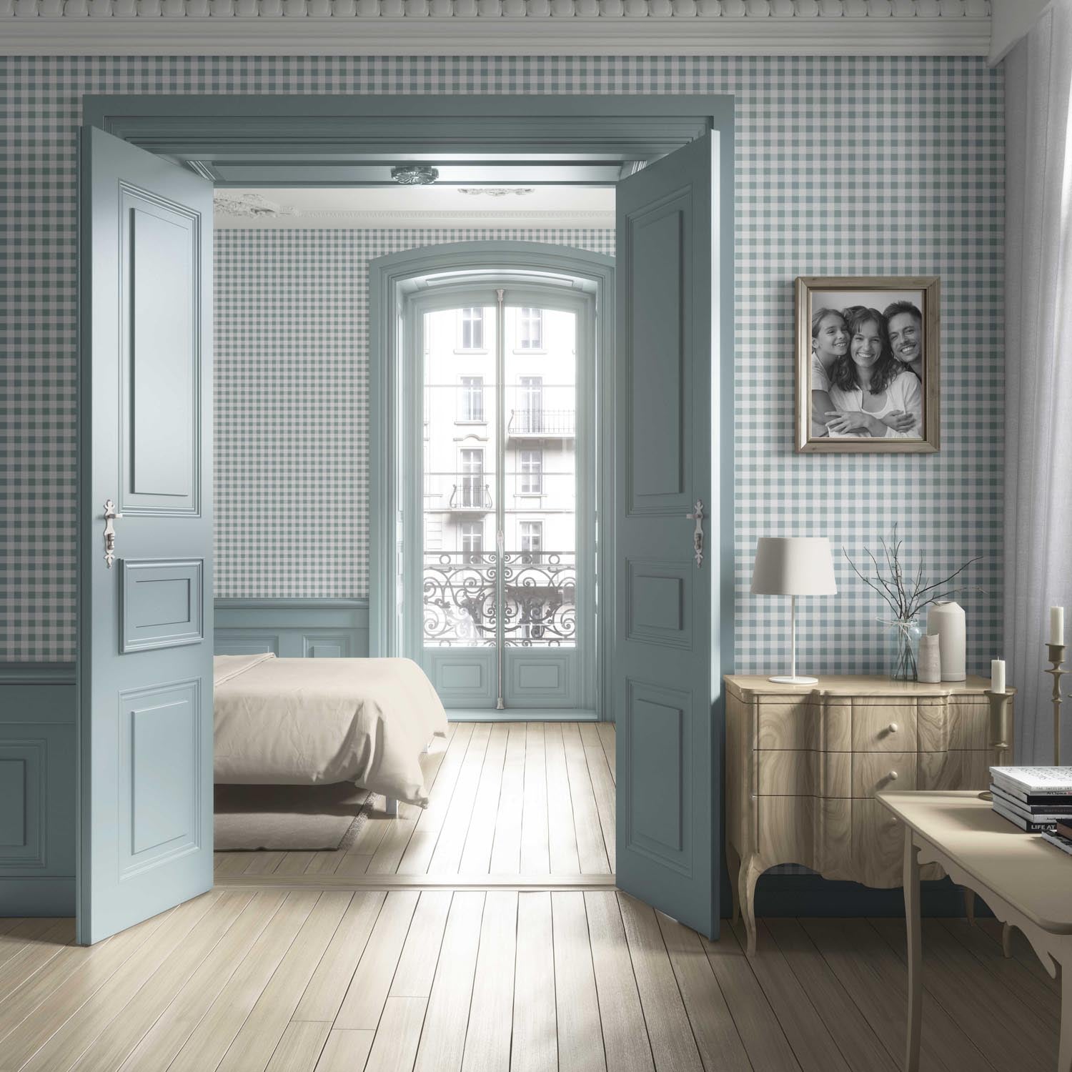 Gingham Checkered Living Room Wallpaper Sample (Pastel Blue)