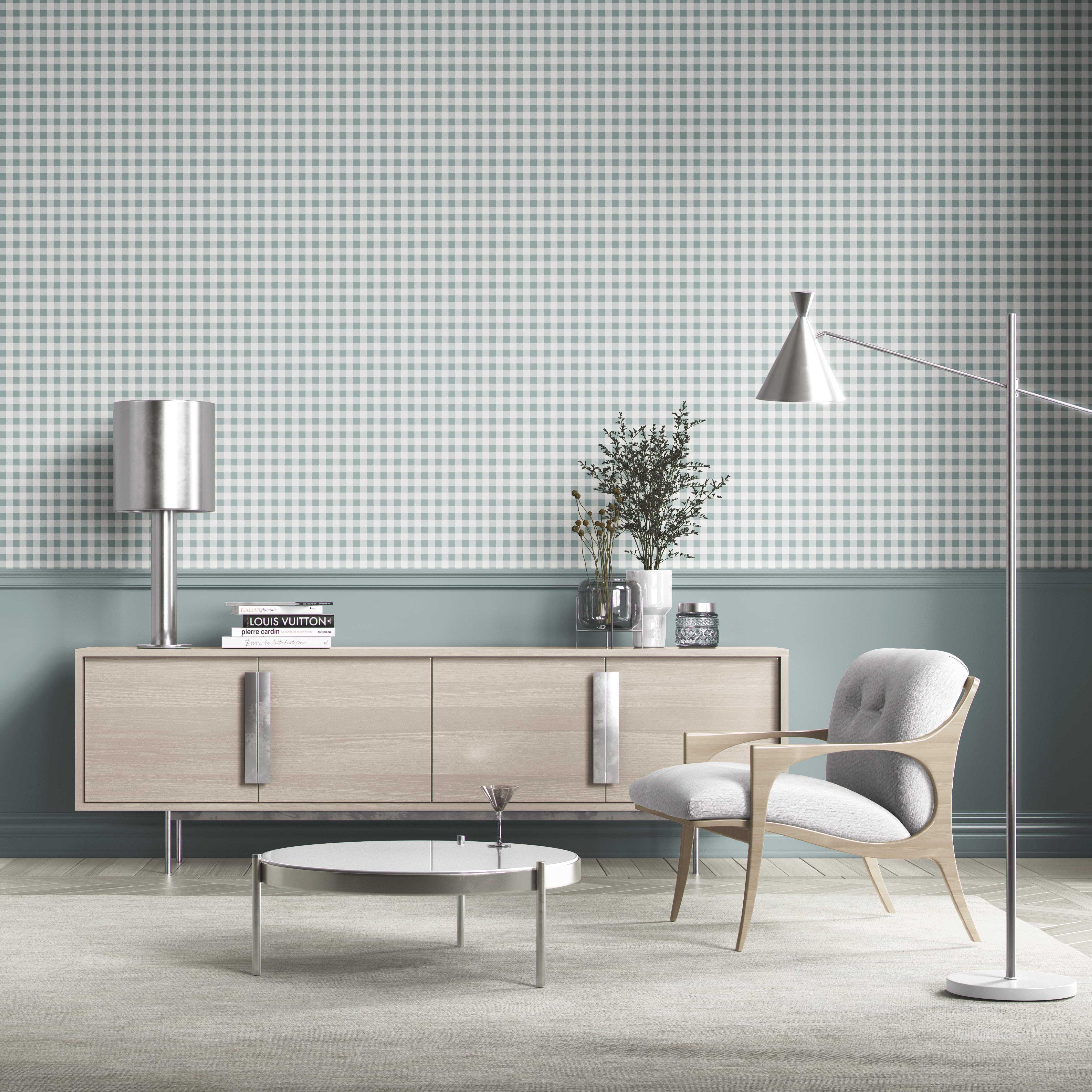 Gingham Checkered Kitchen Wallpaper (Pastel Blue)