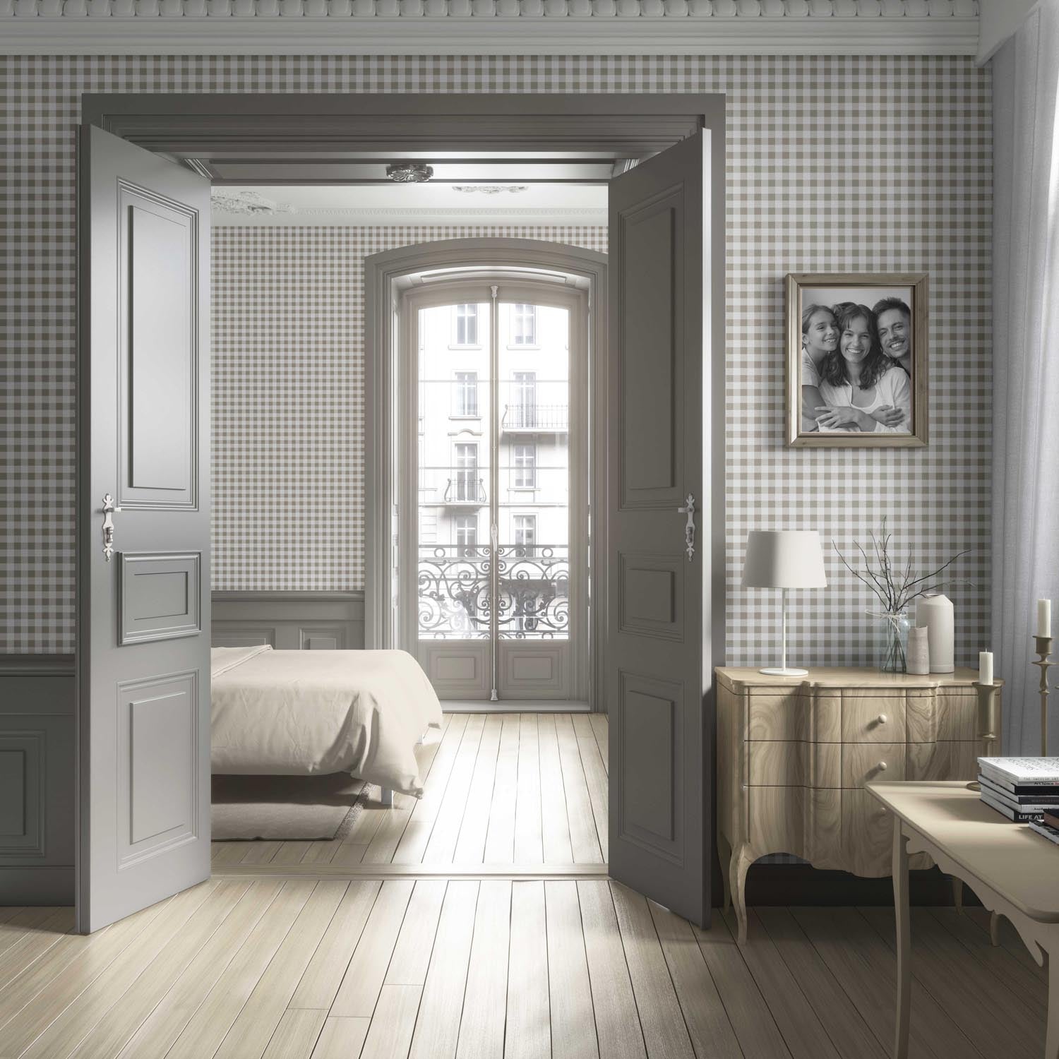 Neutral Gingham Checkered Living Room Wallpaper (Taupe Gray/ Greige)