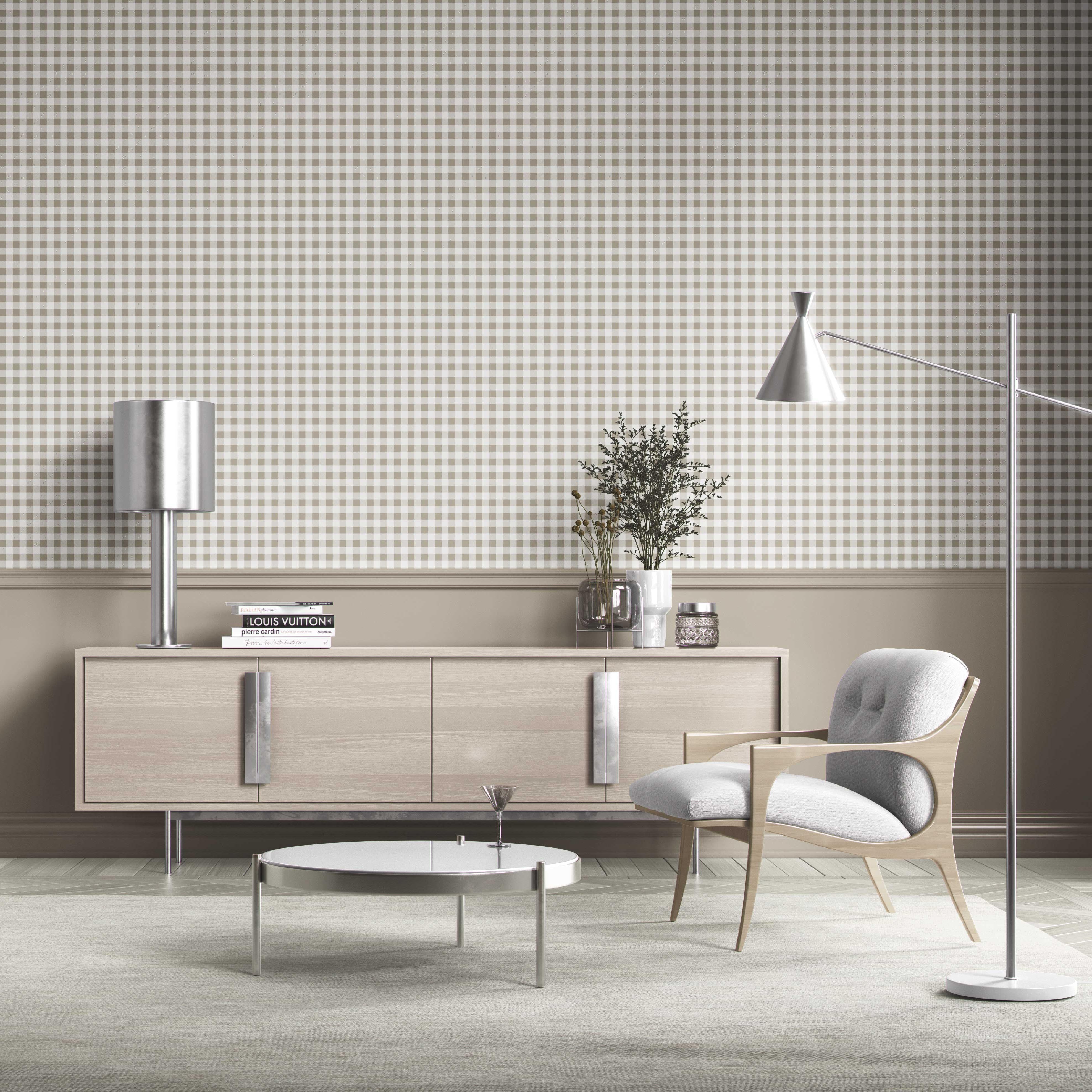 Neutral Gingham Checkered Kitchen Wallpaper (Taupe Gray/ Greige)