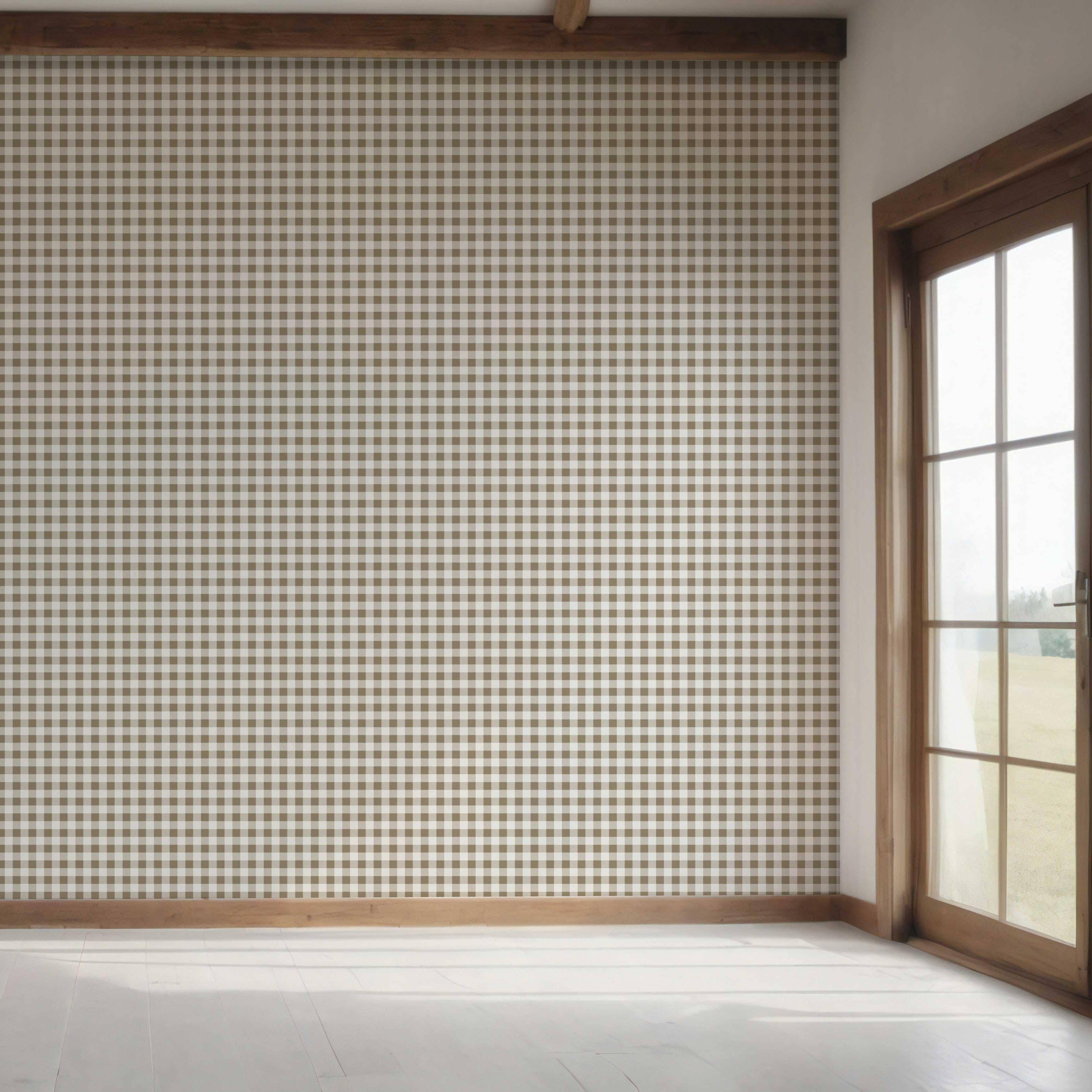 Neutral Gingham Checkered Bedroom Wallpaper (Brown)