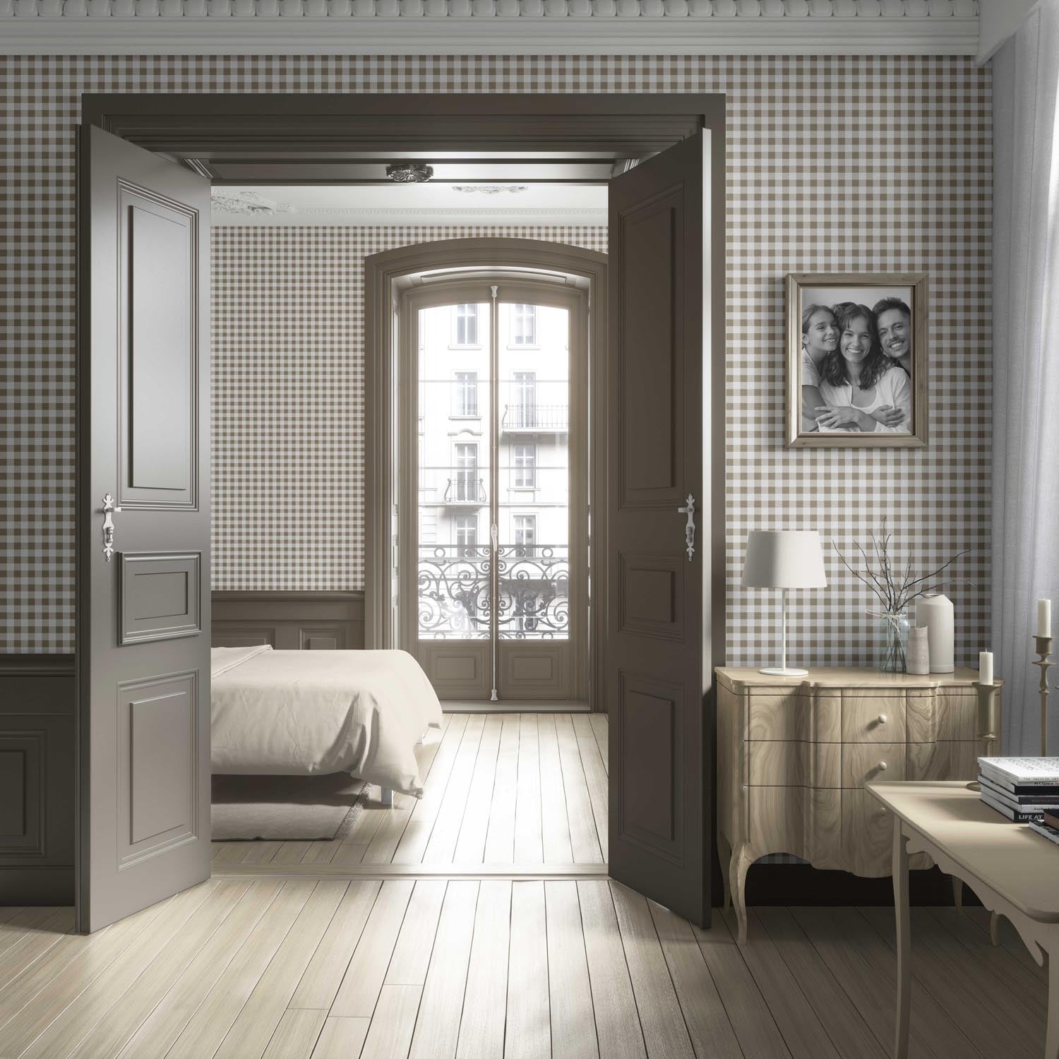 Neutral Gingham Checkered Living Room Wallpaper Sample (Brown)