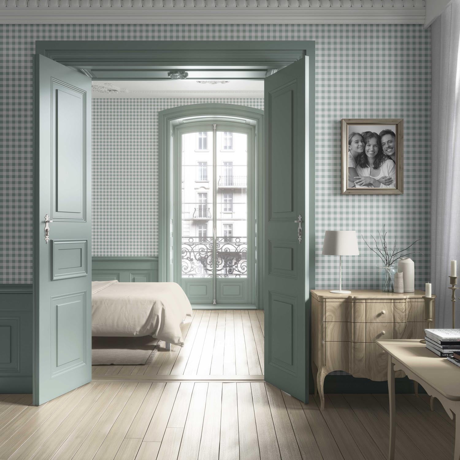 Gingham Checkered Living Room Wallpaper Sample (Duck Egg Blue)