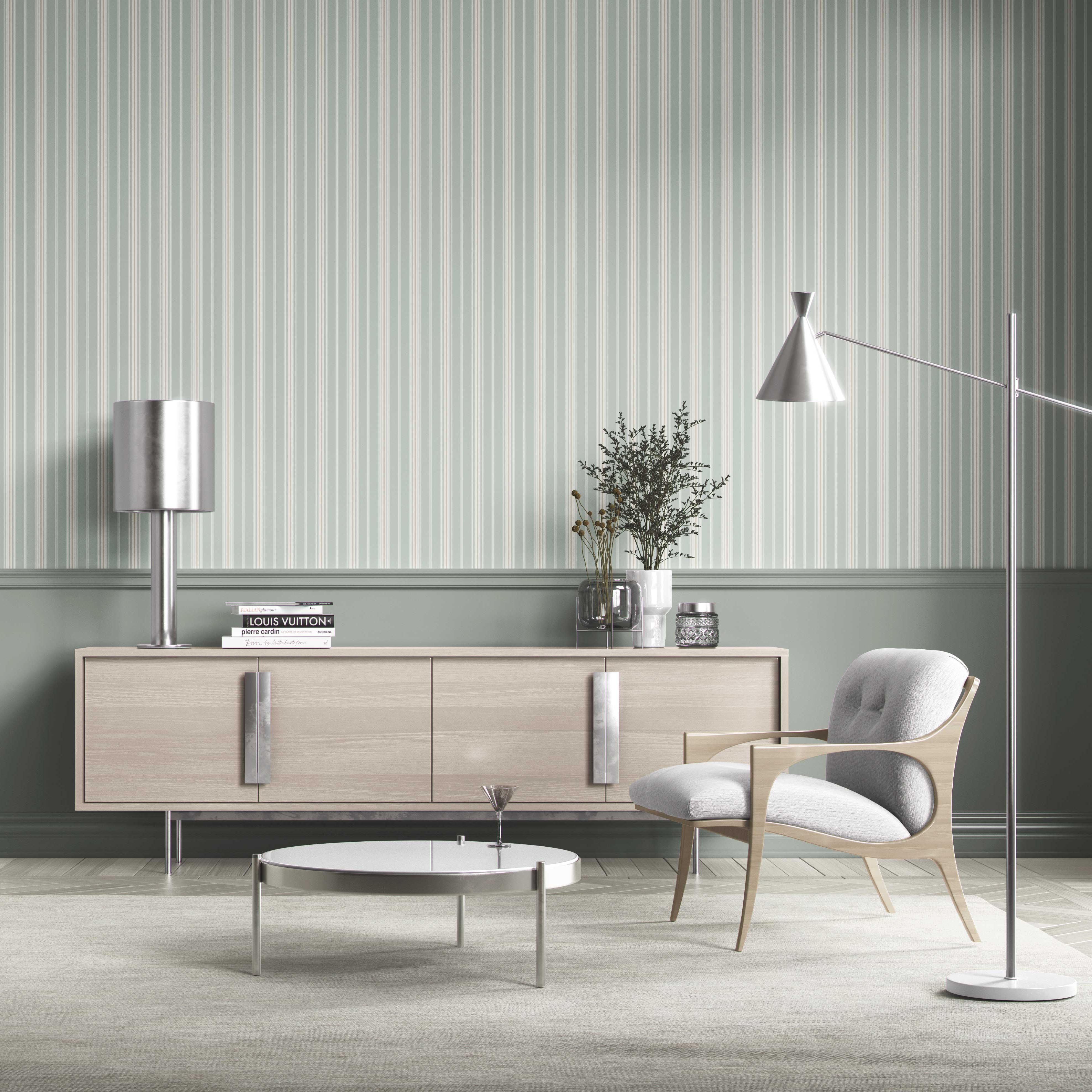 Neutral Geometric Striped Kitchen Wallpaper Sample (Duck Egg Blue)