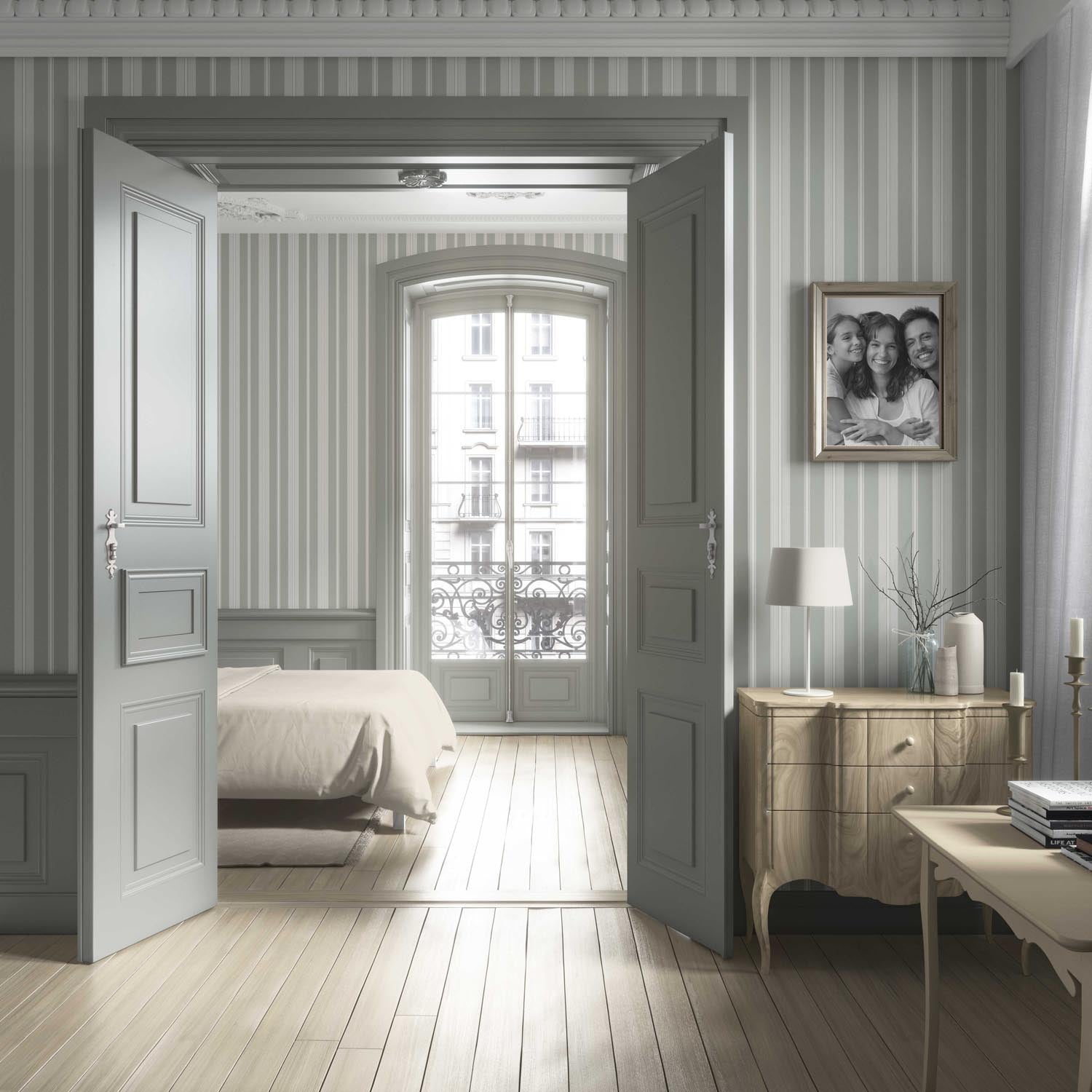 Neutral Geometric Striped Bathroom Wallpaper (Sage Gray)