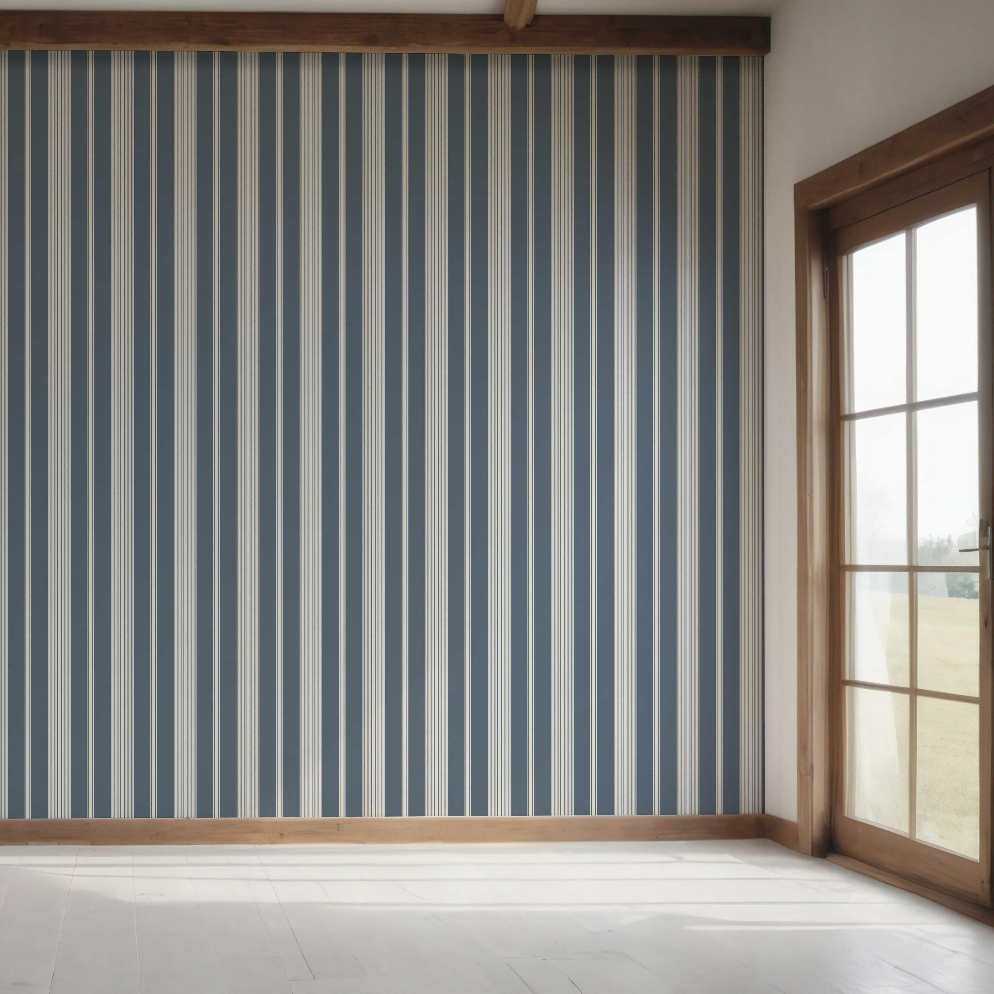 Geometric Striped Bedroom Wallpaper Sample (Slate Gray/ Blue)