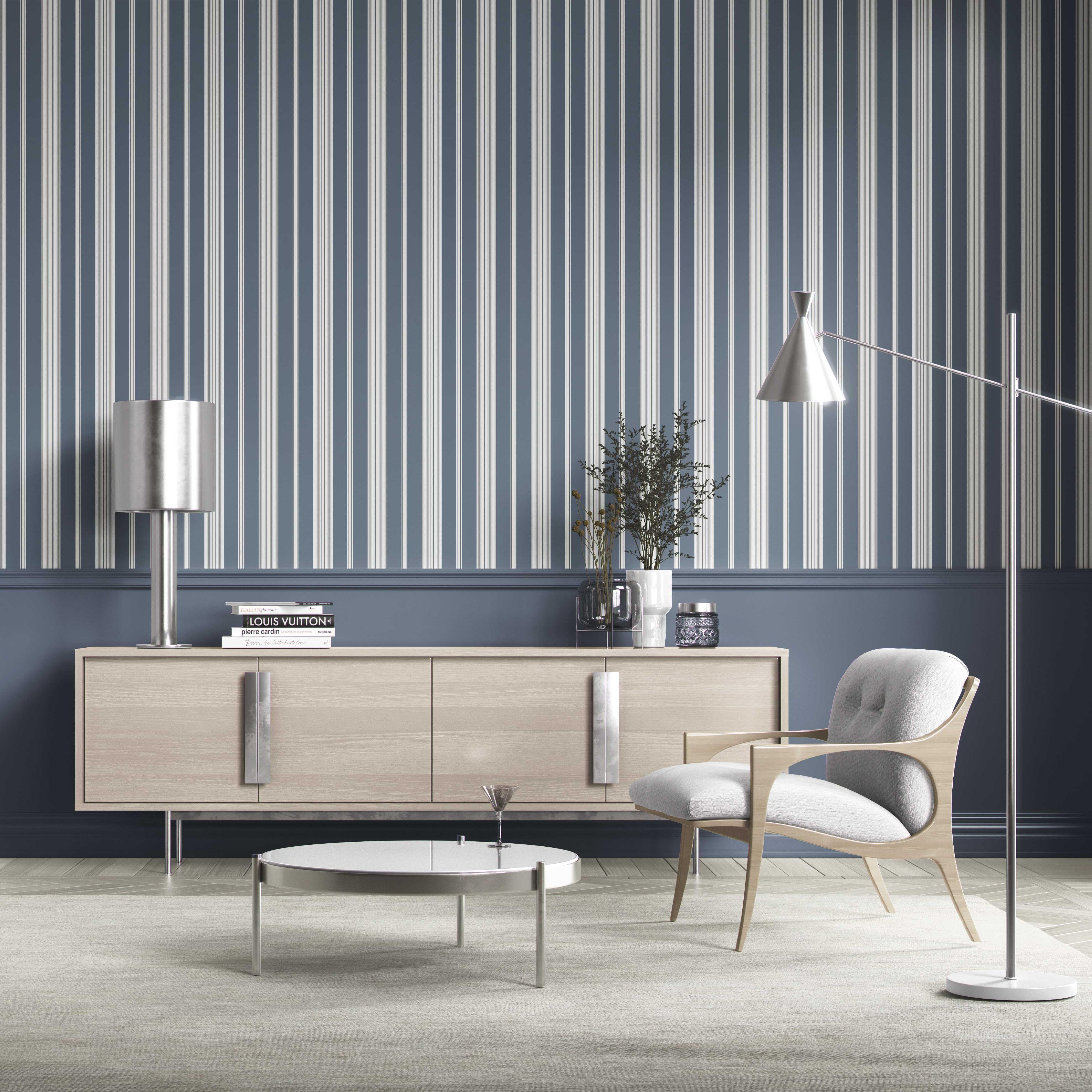 Geometric Striped Shower Toilet Wallpaper (Slate Gray/ Blue)