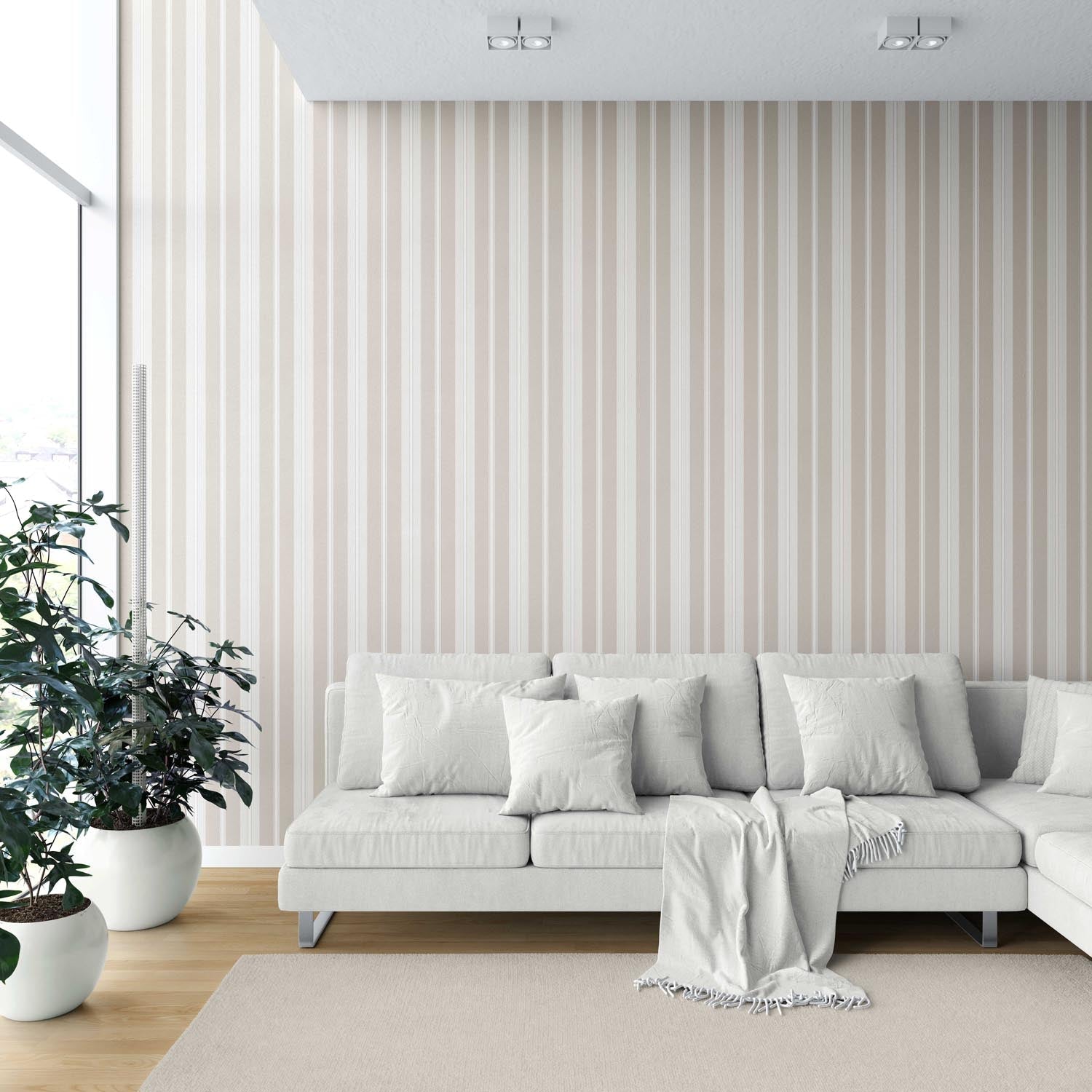 Neutral Geometric Striped Shower Toilet Wallpaper (Soft Taupe/ Beige/ Gray)