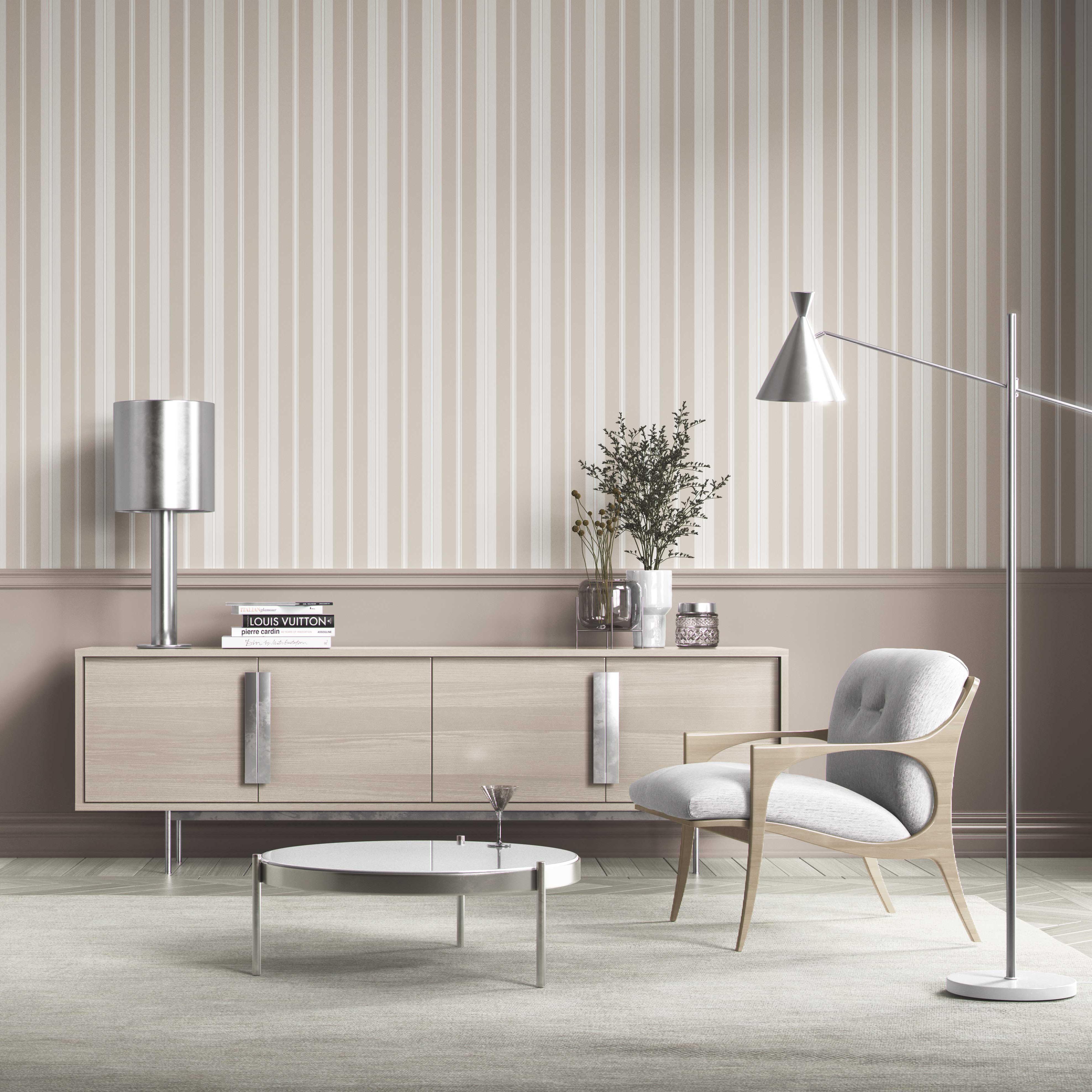 Neutral Geometric Striped Kitchen Wallpaper Sample (Soft Taupe/ Beige/ Gray)