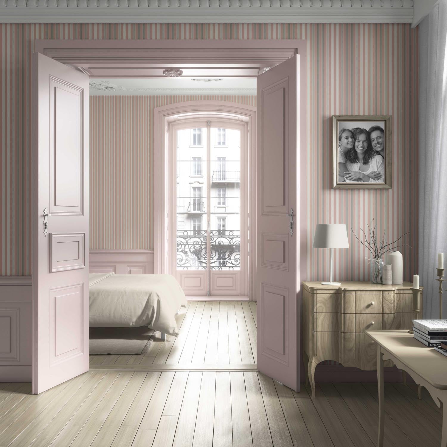 Geometric Striped Living Room Wallpaper (Soft Pastel Pink)