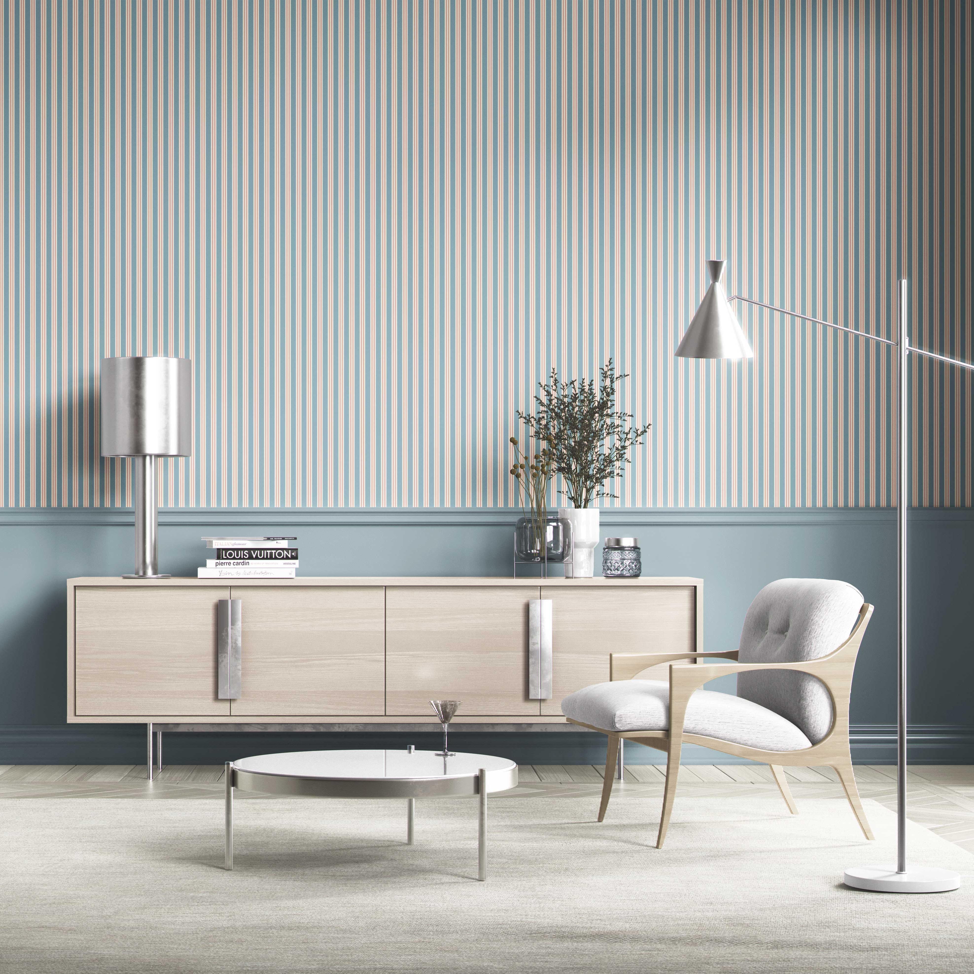 Geometric Striped Bathroom Wallpaper Sample (Blue)
