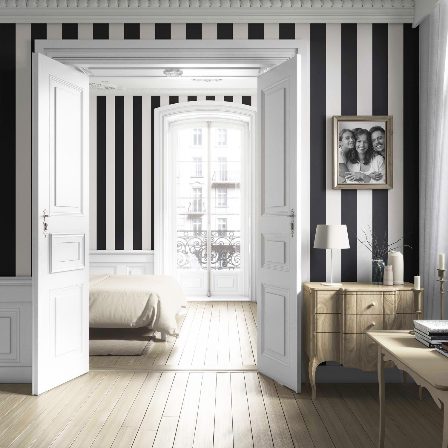 Neutral Geometric Striped Living Room Wallpaper Sample (Black/ White)