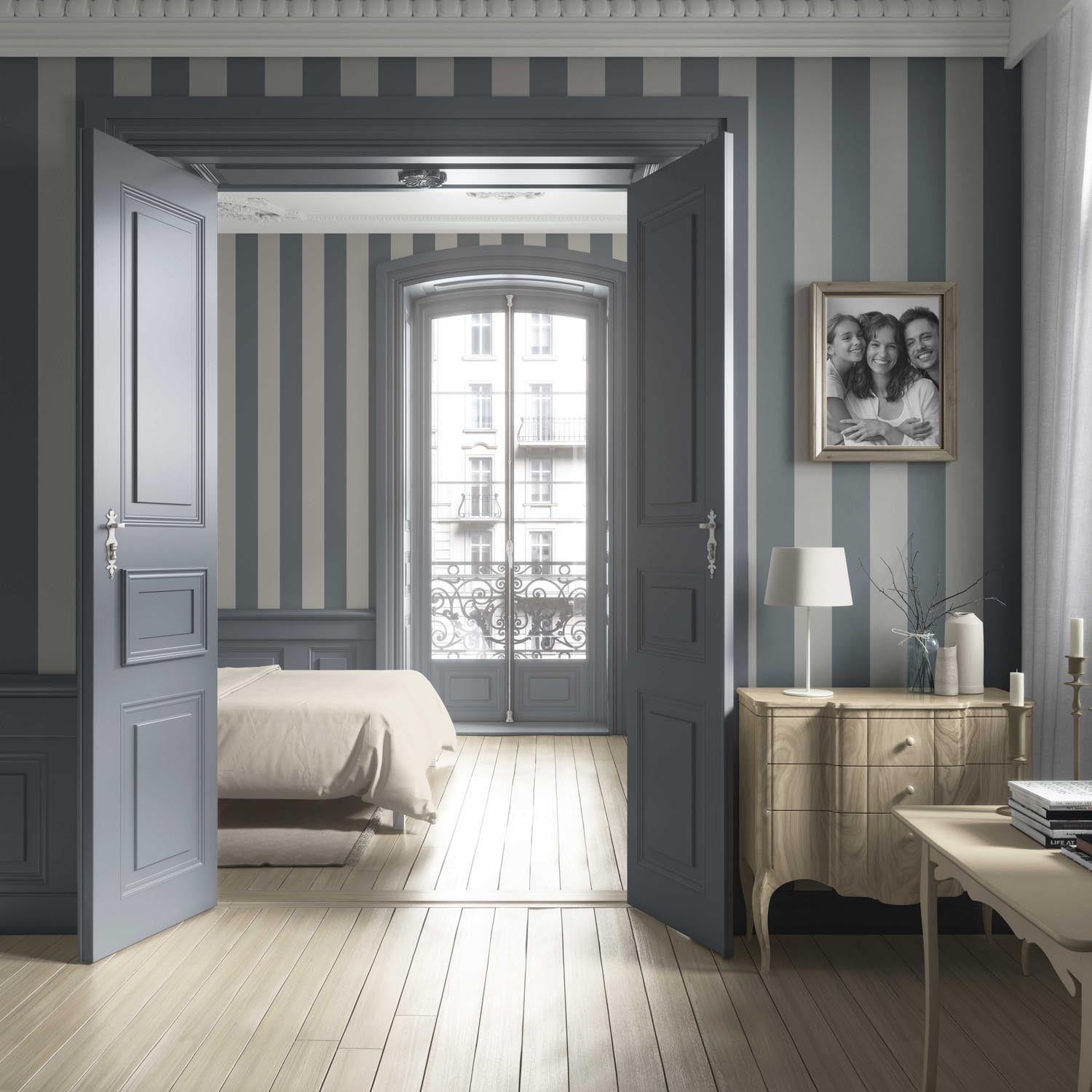 Neutral Geometric Striped Living Room Wallpaper Sample (Slate Blue/ Gray)