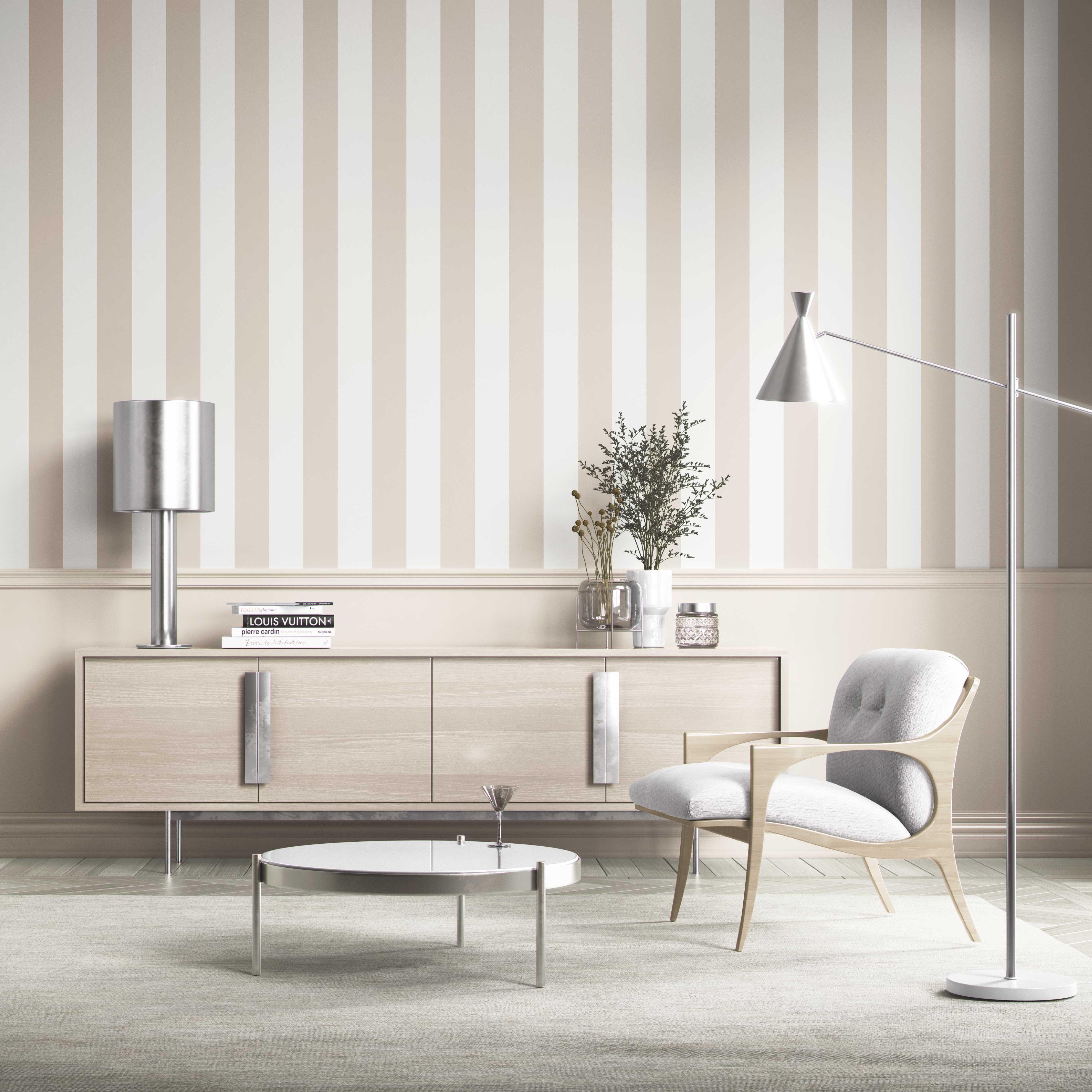 Neutral Geometric Striped Shower Toilet Wallpaper (Beige/ Greige/ White)