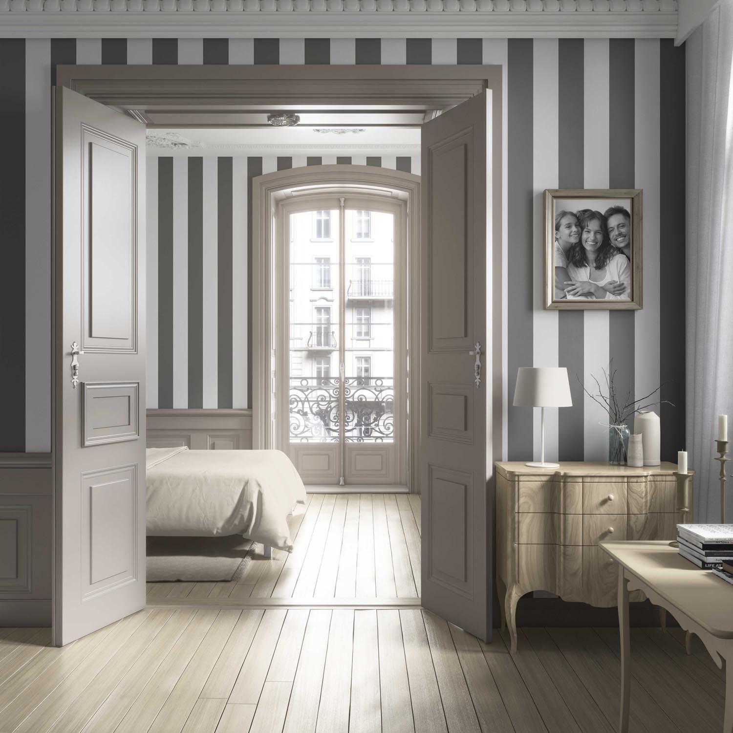 Neutral Geometric Striped Living Room Wallpaper (Dark Gray/ White)