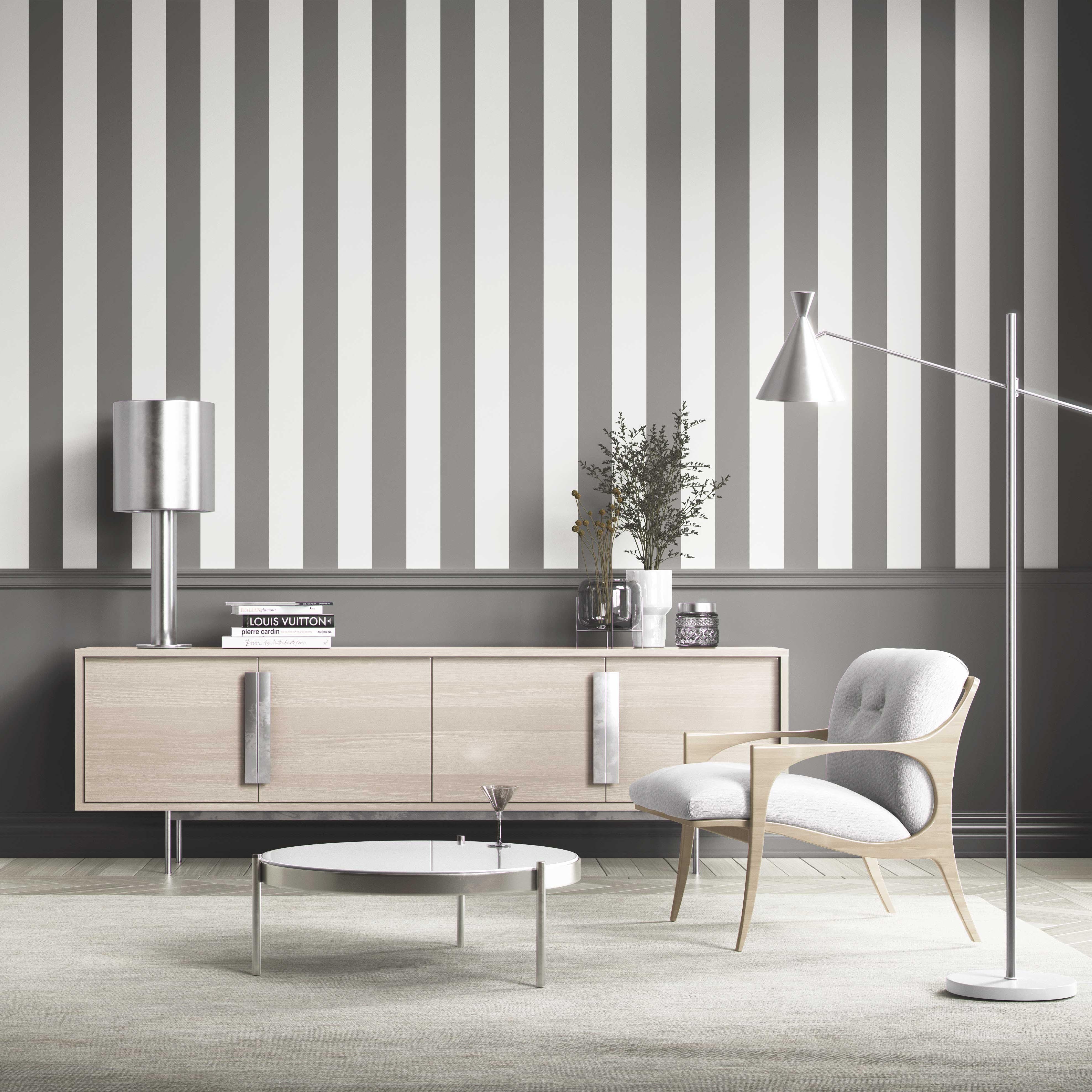 Neutral Geometric Striped Shower Toilet Wallpaper Sample (Dark Gray/ White)