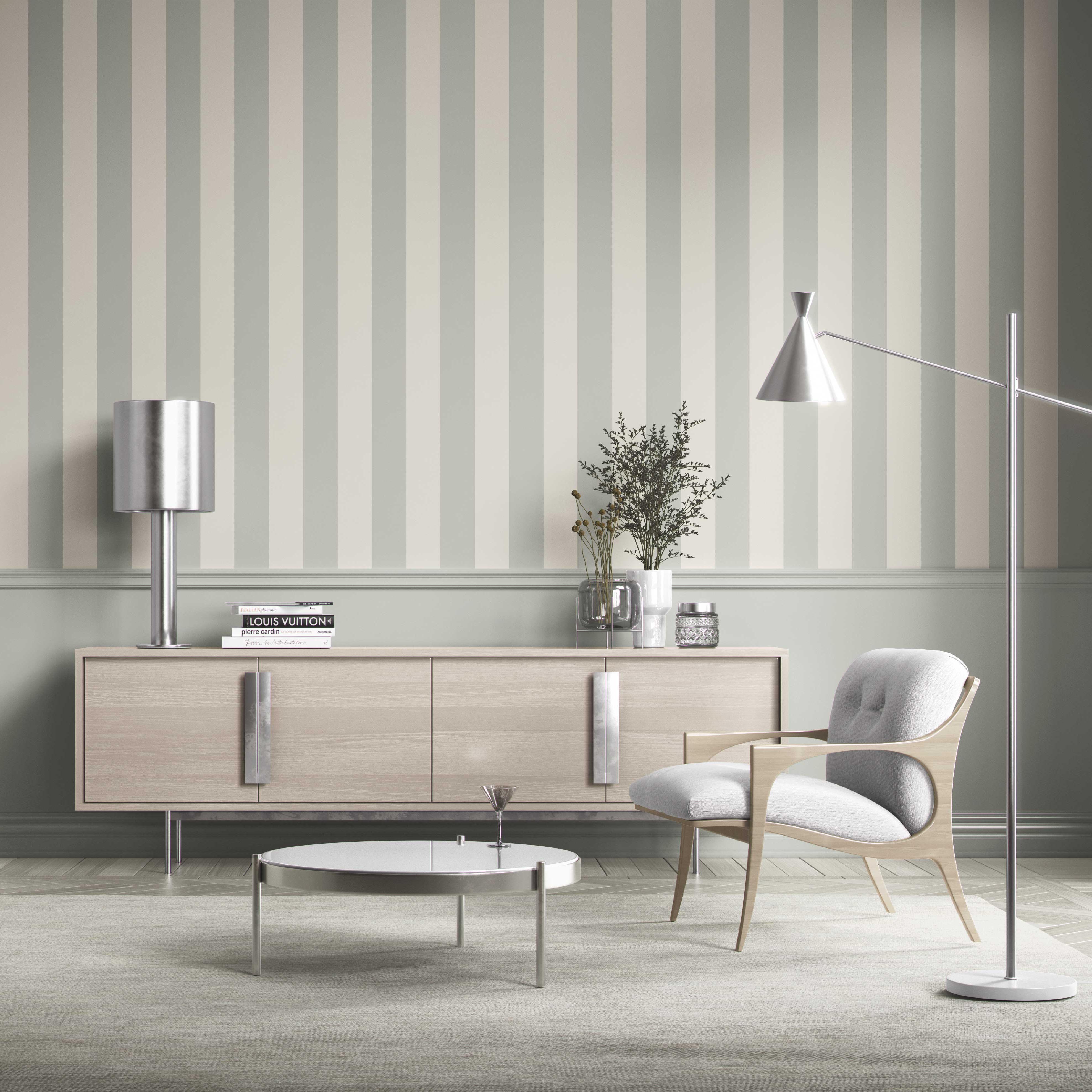 Neutral Geometric Striped Kitchen Wallpaper (Sage Gray/ Cream)