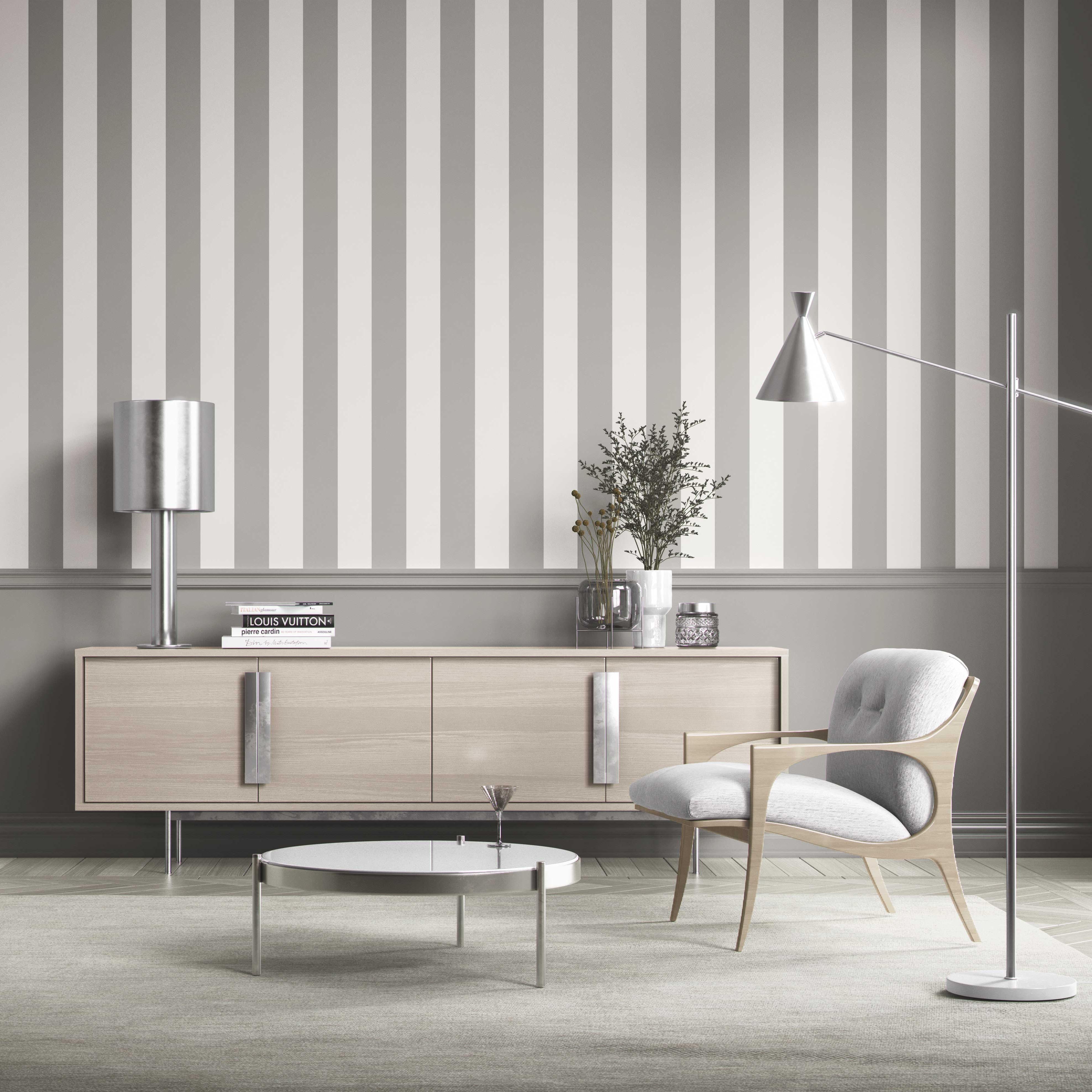 Neutral Geometric Striped Shower Toilet Wallpaper (Gray/ White)