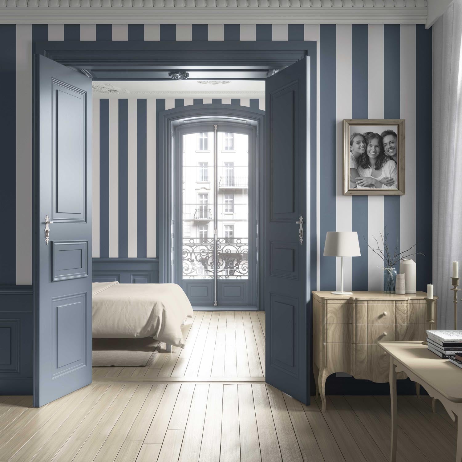 Neutral Geometric Striped Living Room Wallpaper (Slate Blue/ White)
