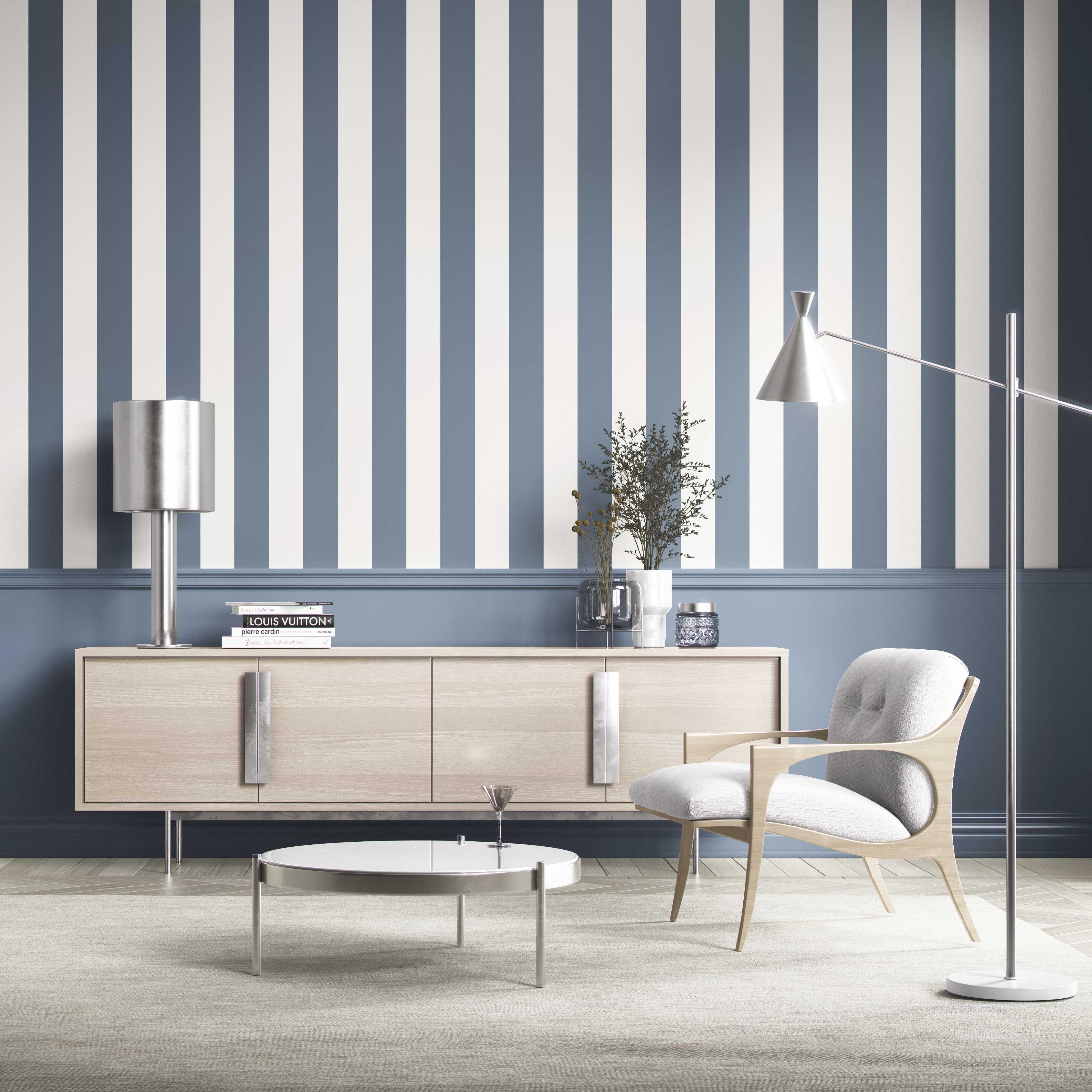 Neutral Geometric Striped Shower Toilet Wallpaper (Slate Blue/ White)