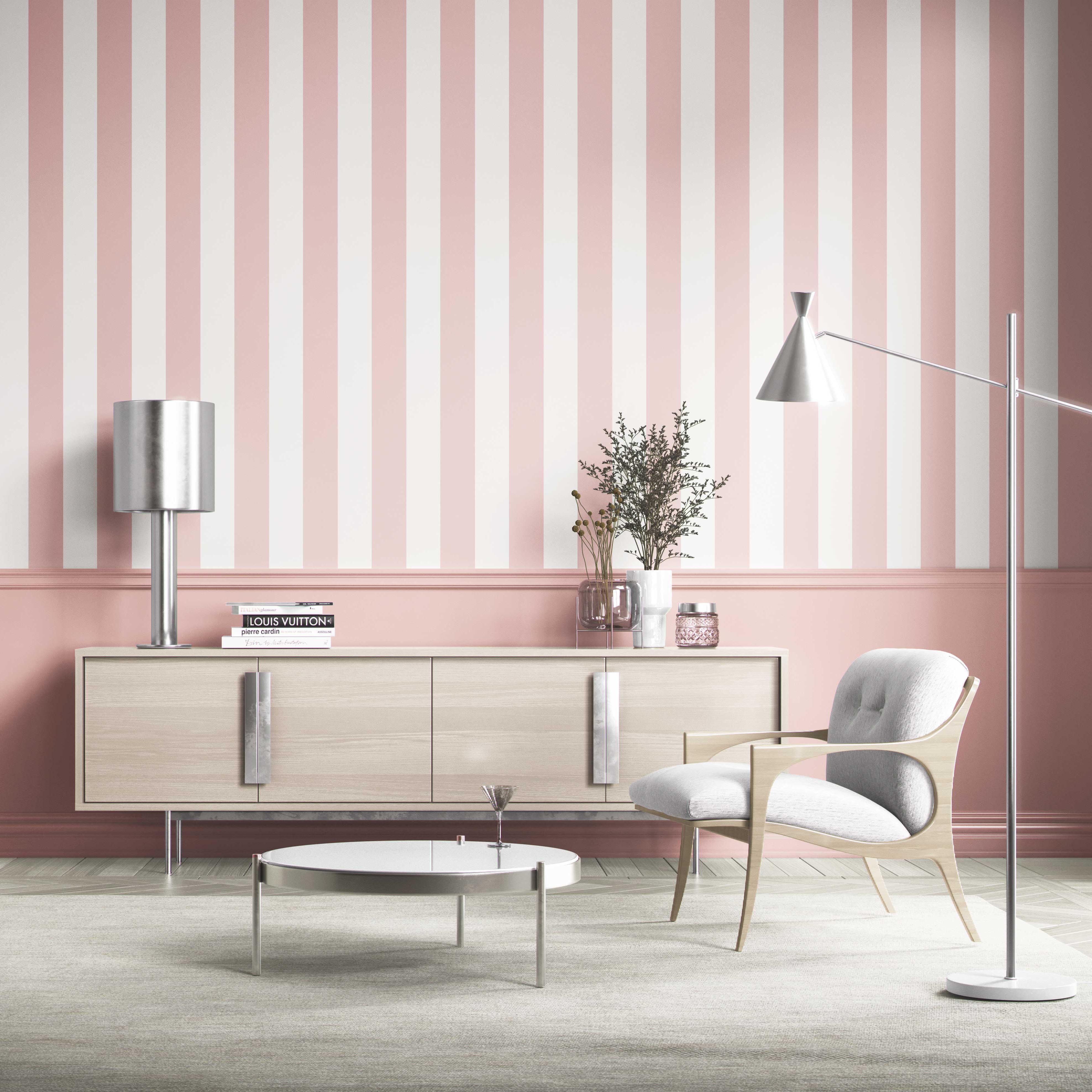Geometric Striped Shower Toilet Wallpaper (Blush Pink/ White)
