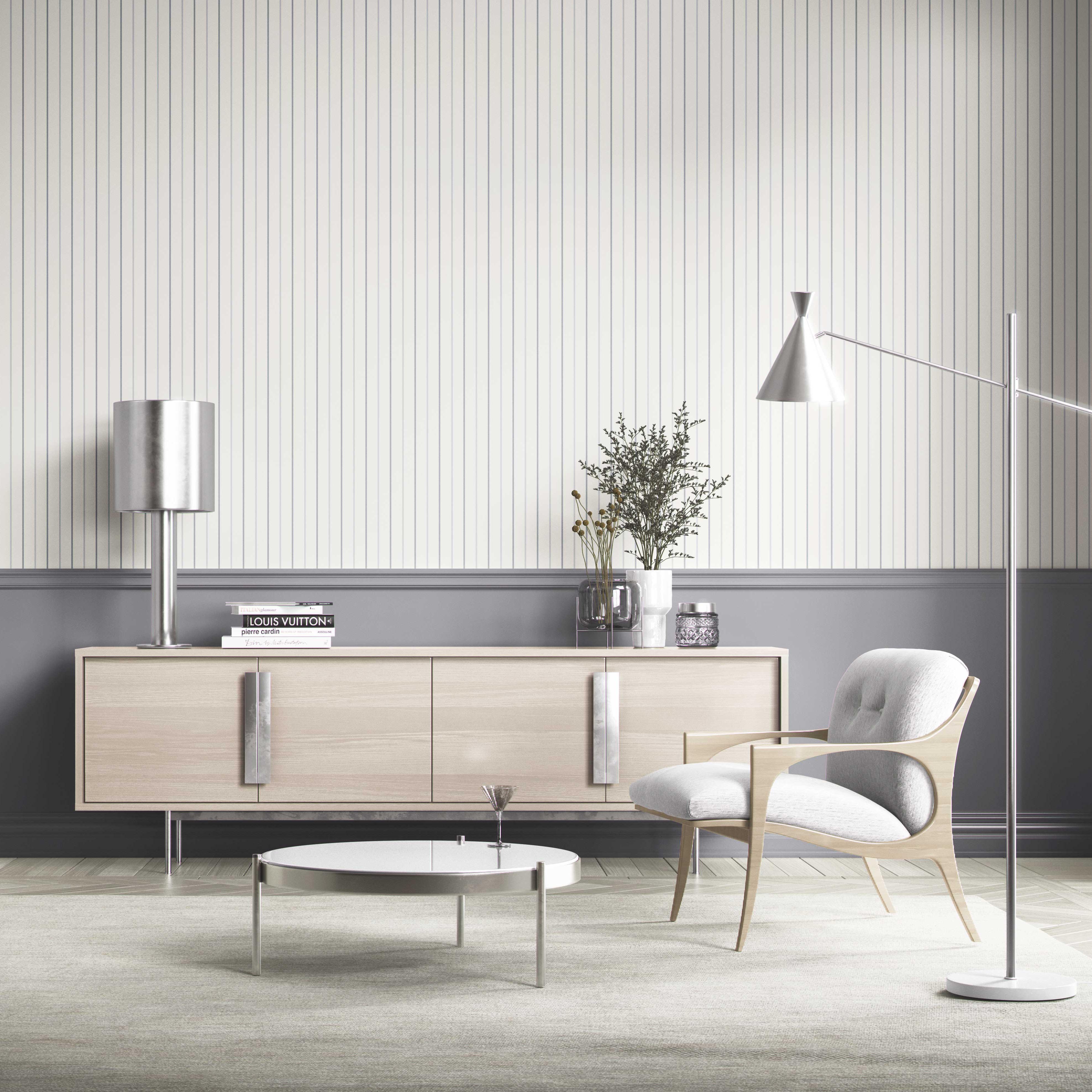 Neutral Geometric Striped Bathroom Wallpaper Sample (Cream/ White/ Gray)