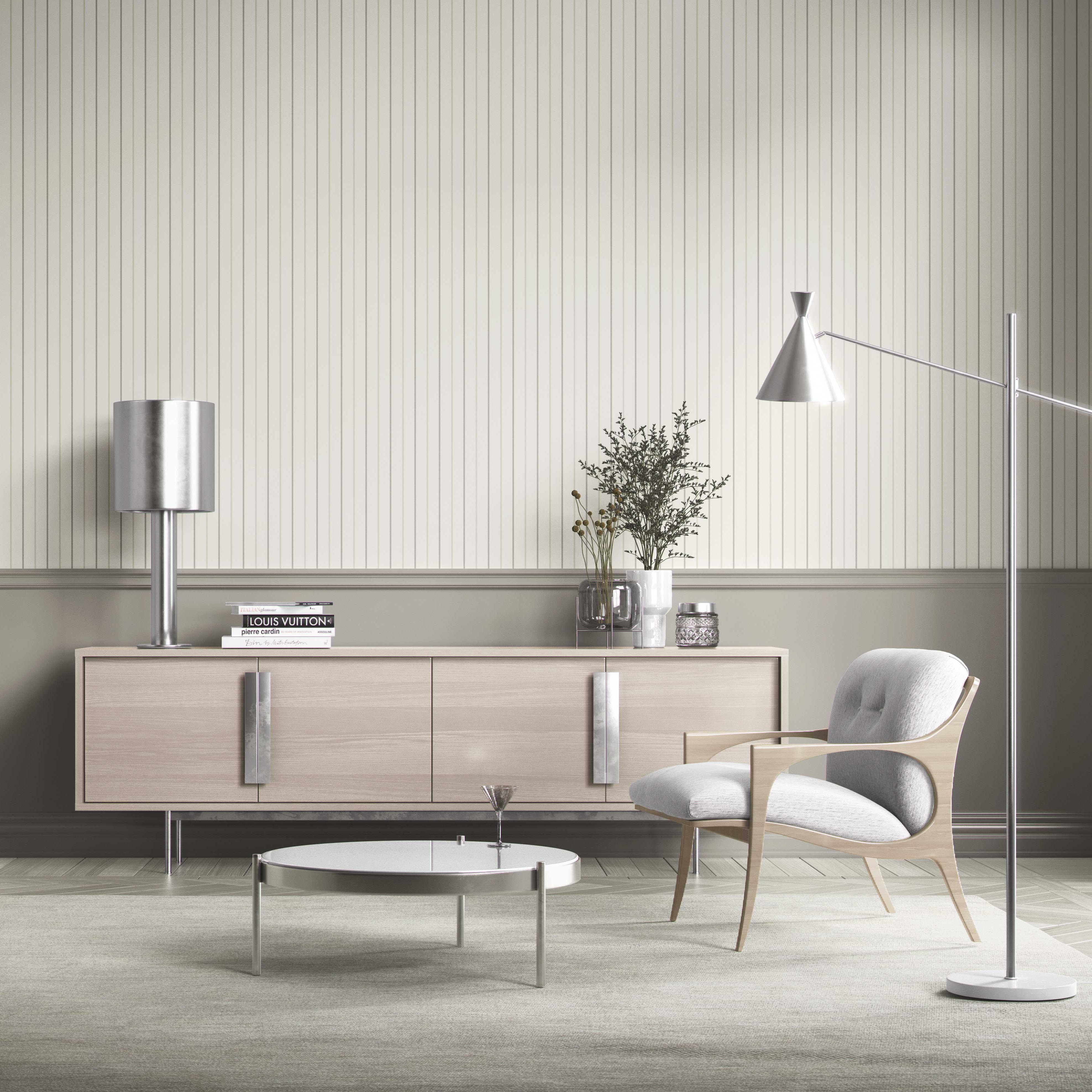 Neutral Geometric Striped Bathroom Wallpaper Sample (Sage Gray/ Beige/ Cream)