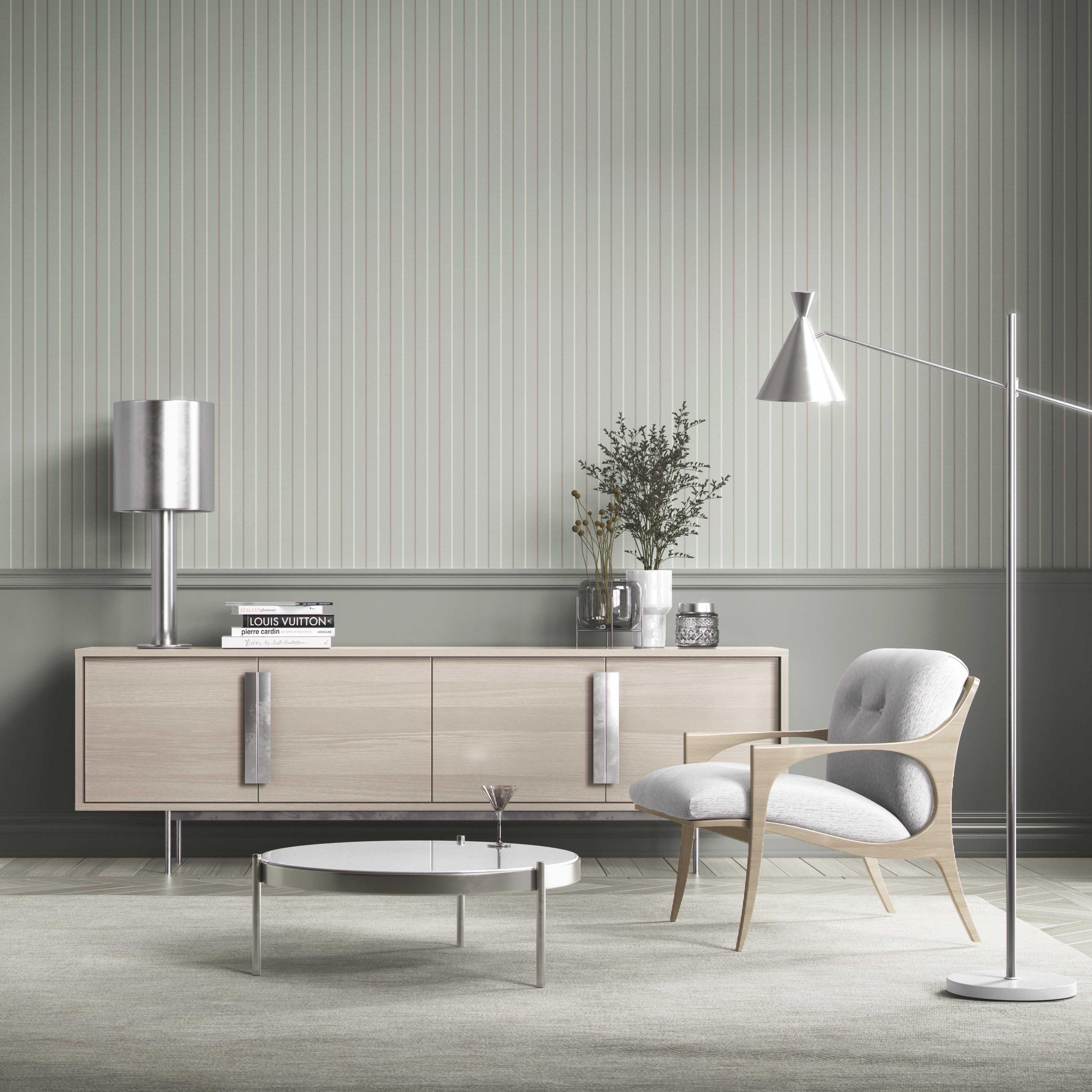 Neutral Geometric Striped Bathroom Wallpaper (Green-Gray)