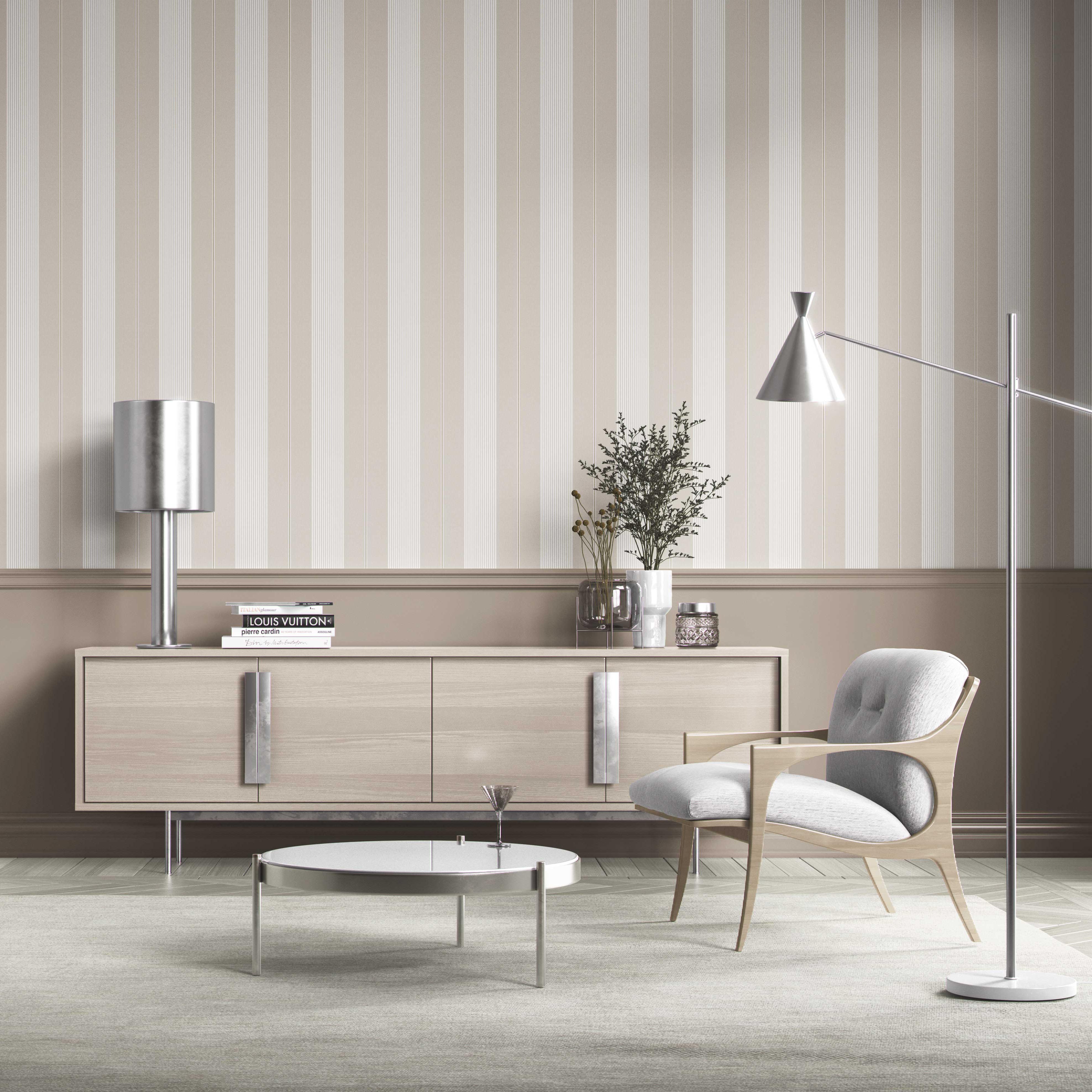 Neutral Geometric Striped Kitchen Wallpaper Sample (Greige/ Beige/ Warm Gray)