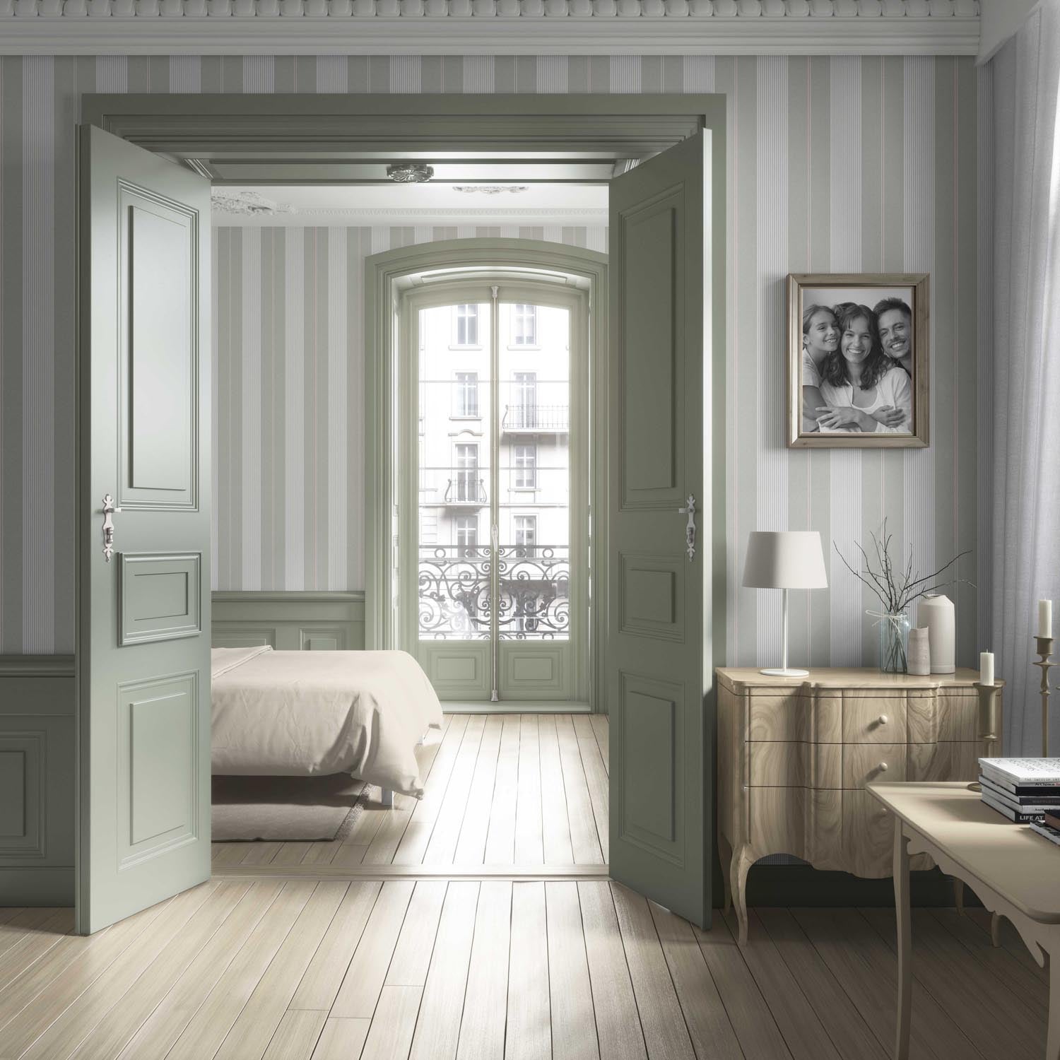 Neutral Geometric Striped Living Room Wallpaper Sample (Gray-Green)