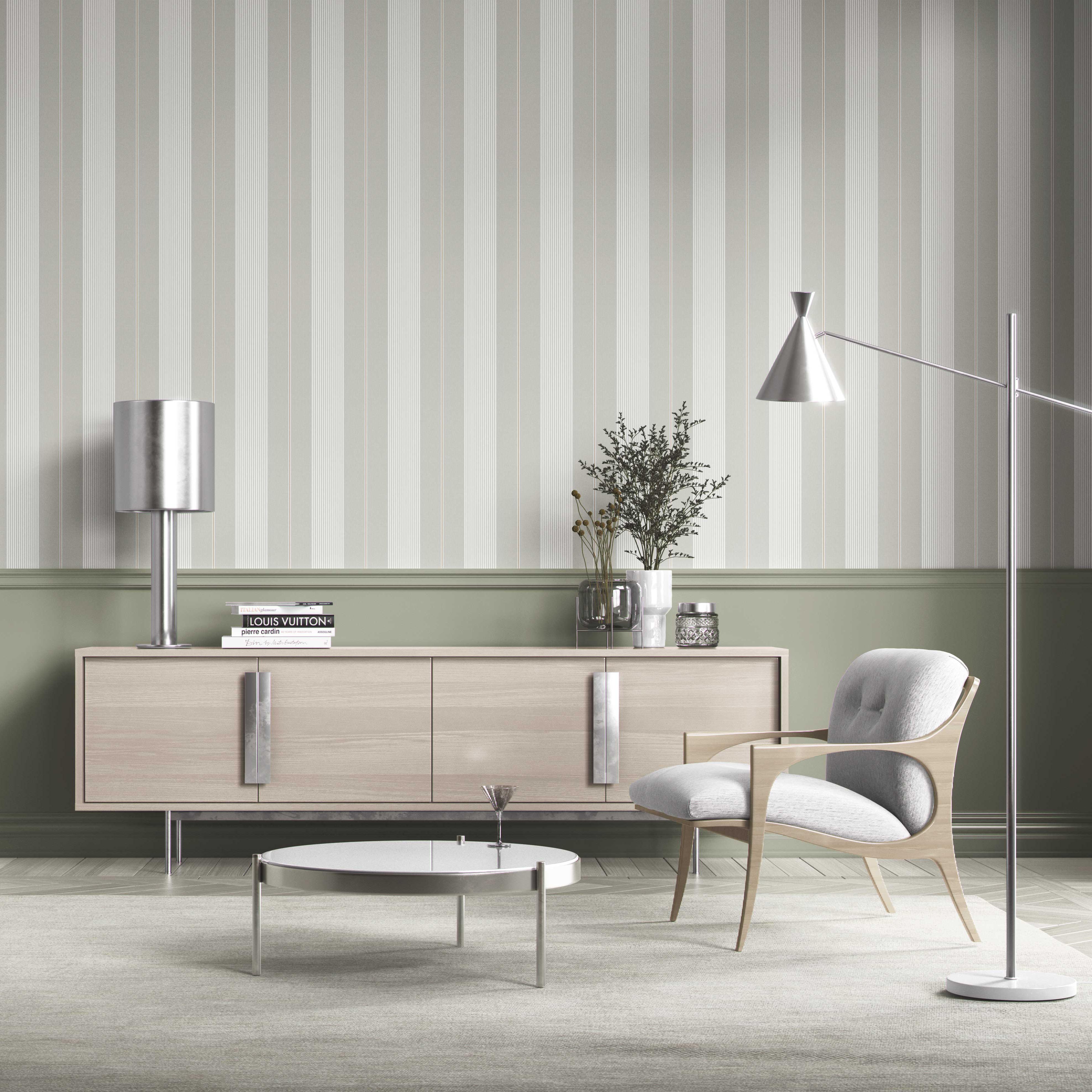 Neutral Geometric Striped Kitchen Wallpaper Sample (Gray-Green)