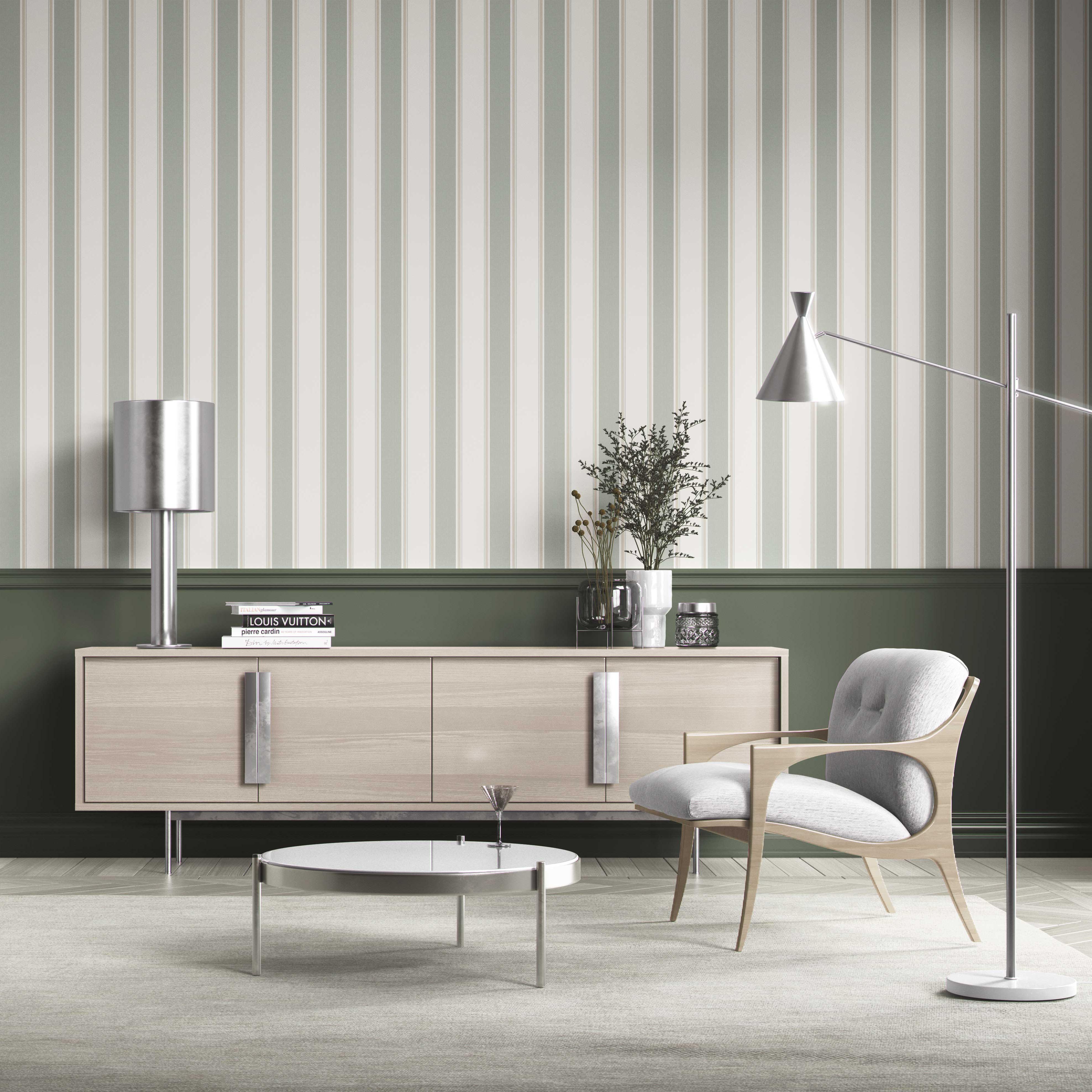 Geometric Striped Shower Toilet Wallpaper (Sage Green)