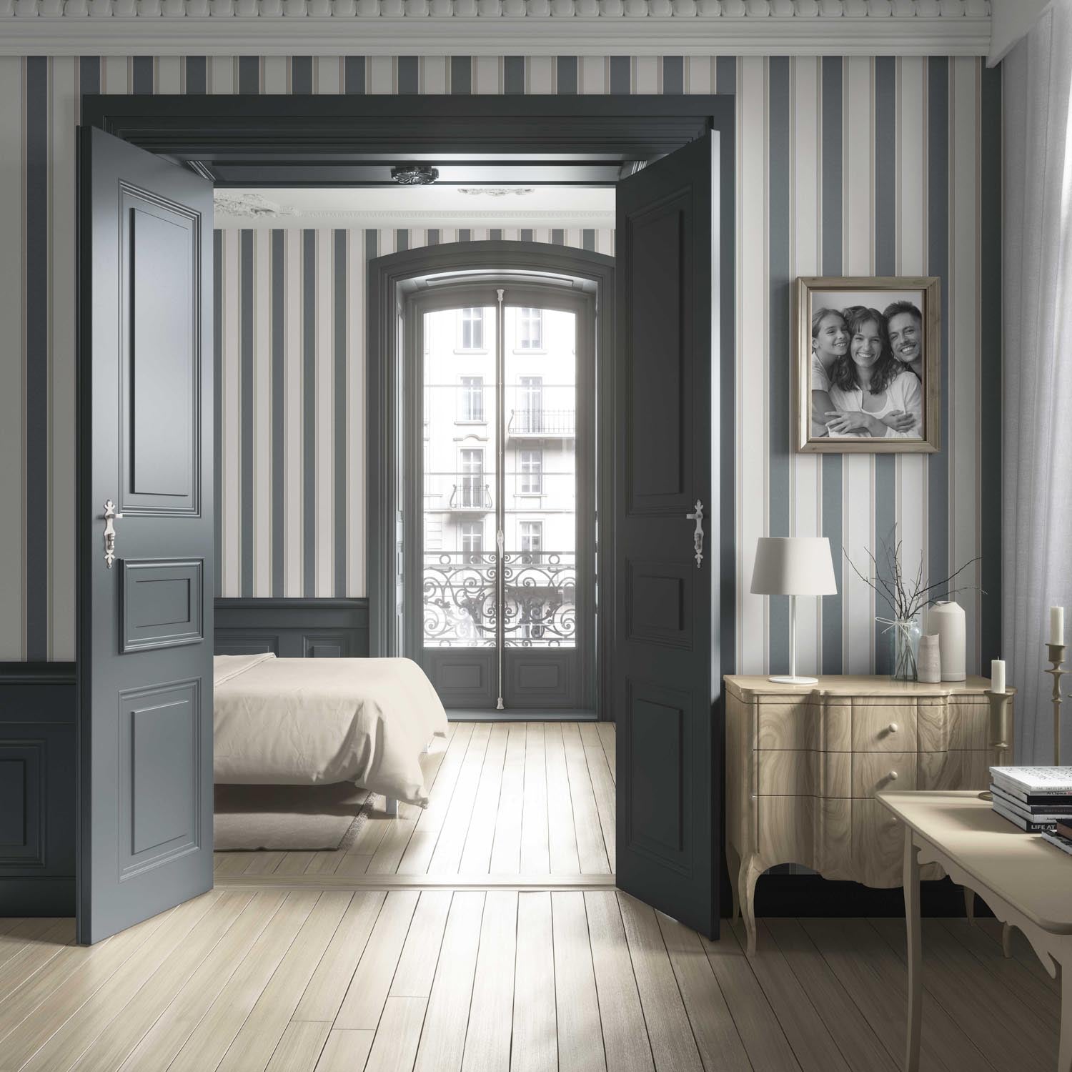 Neutral Geometric Striped Living Room Wallpaper Sample (Slate Blue/ Gray)