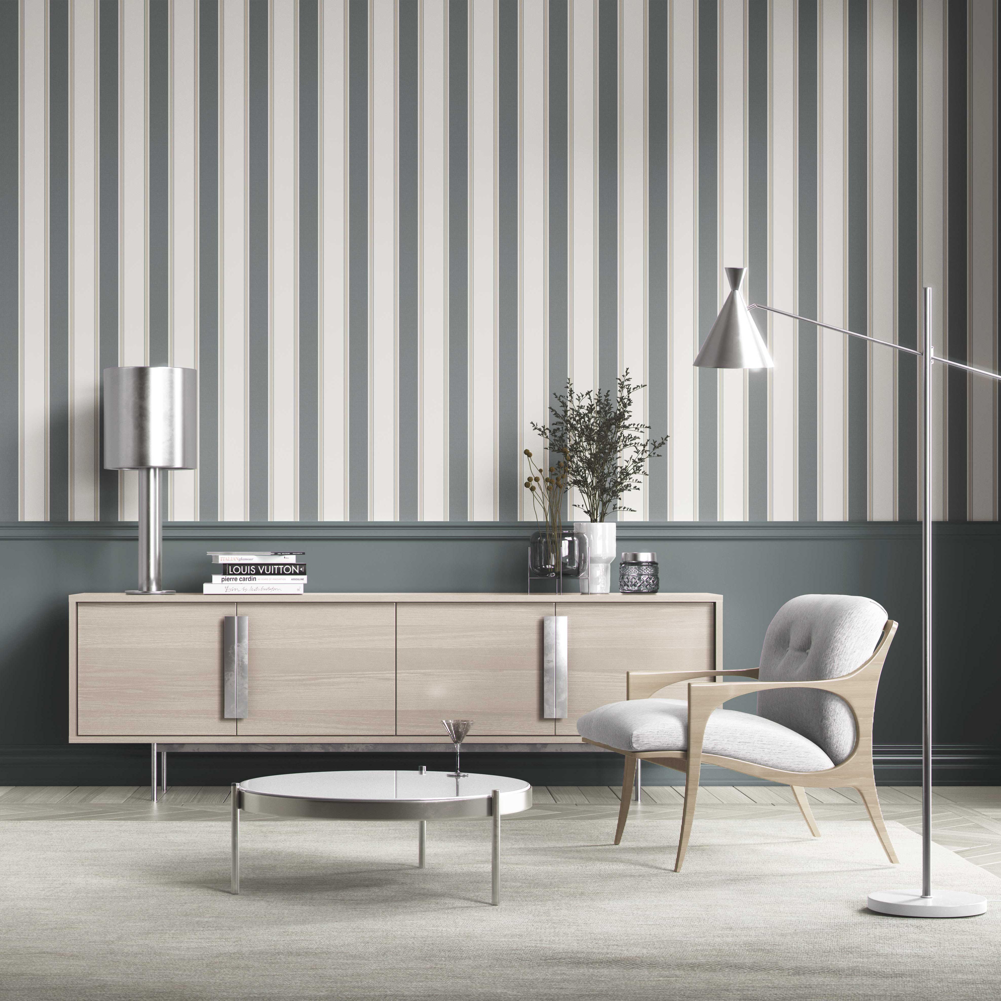 Neutral Geometric Striped Shower Toilet Wallpaper Sample (Slate Blue/ Gray)